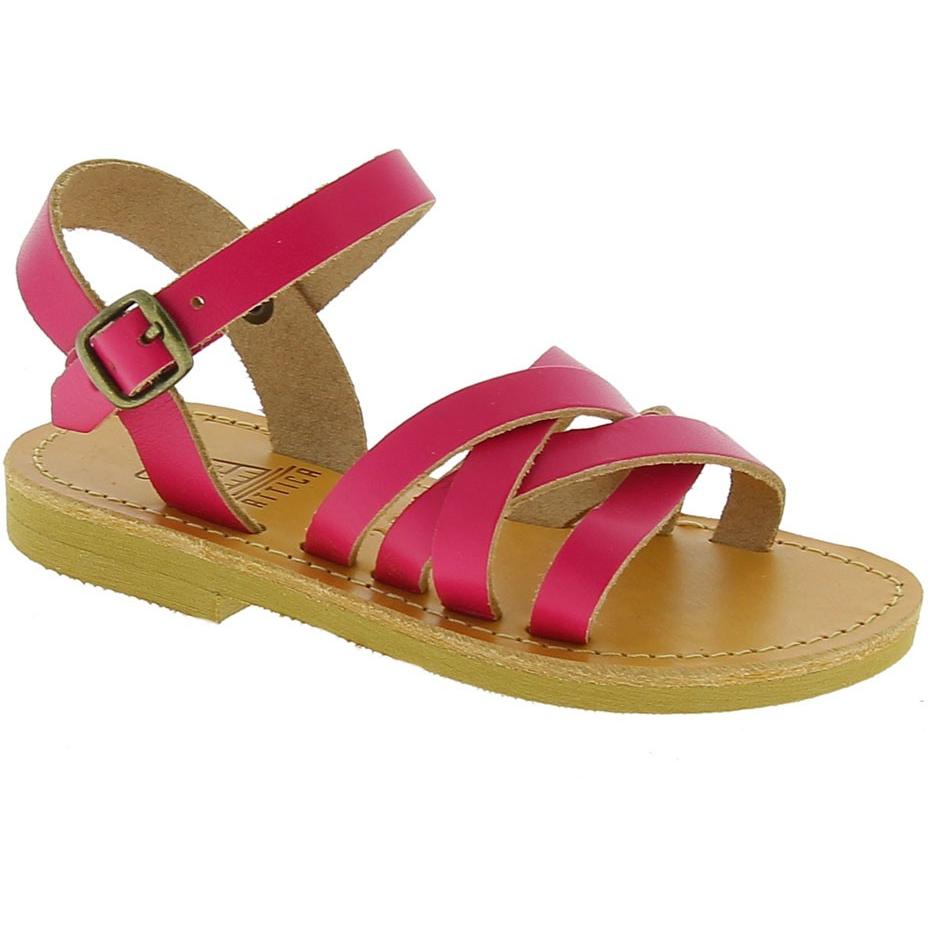 Girl's braided sandals in fuchsia calf leather with buckle closure