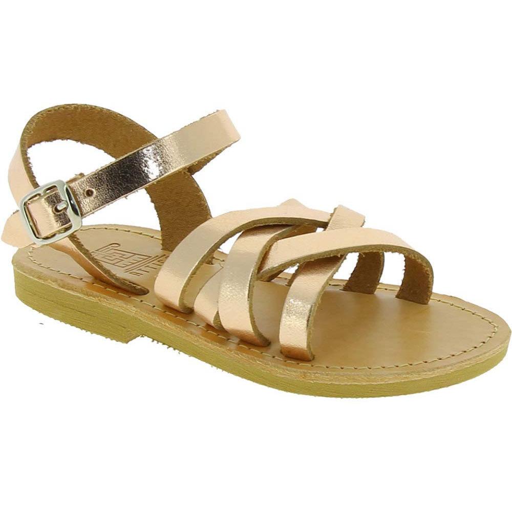 Girl's gladiator braided sandals in gold pink laminated calf leather with buckle closure