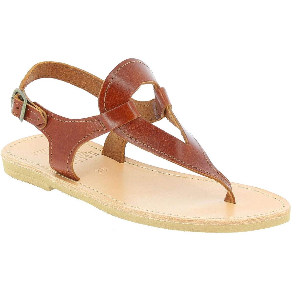 Women's handmade drop-shaped thong sandals in brown calfskin