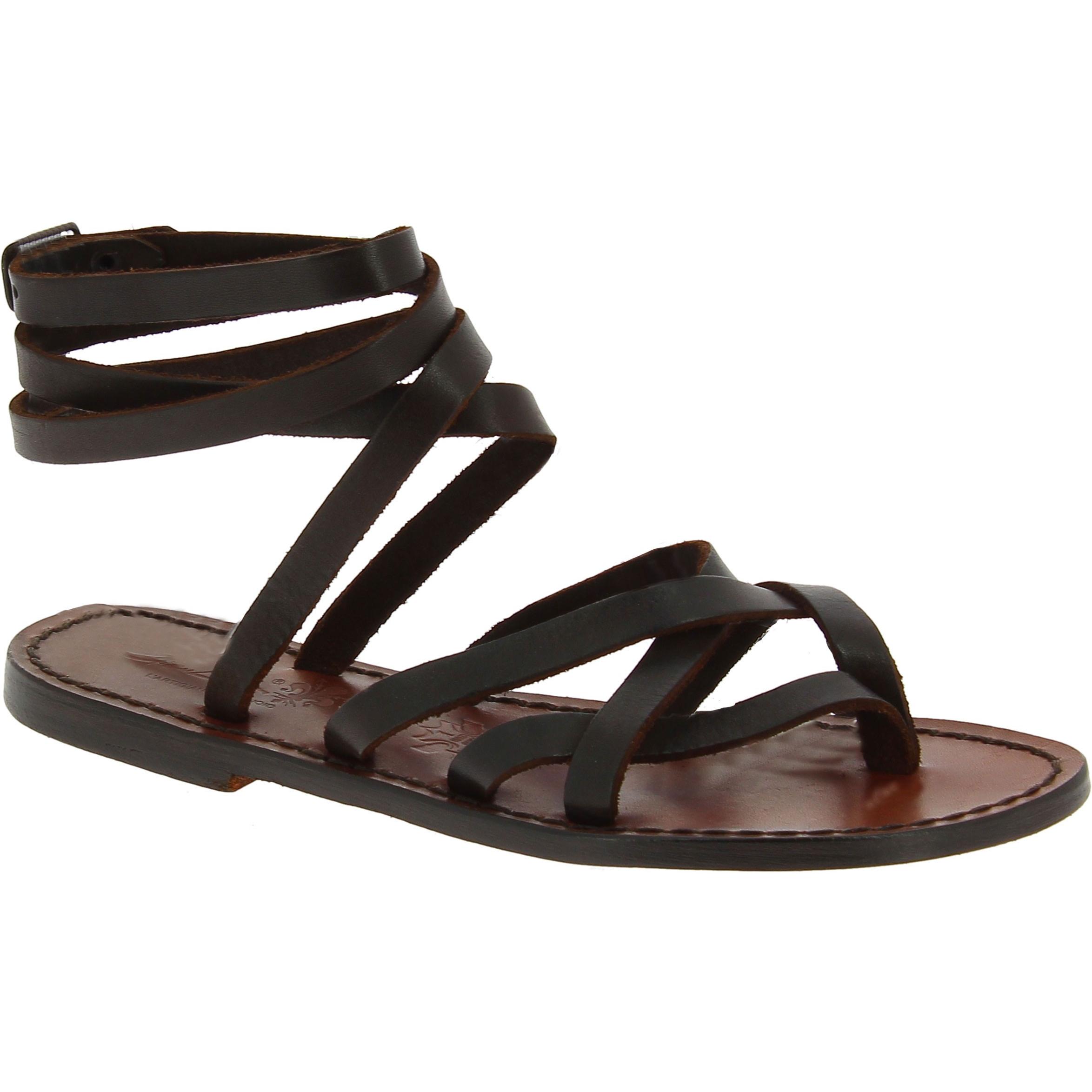 Women's dark brown leather strappy sandals handmade in Italy