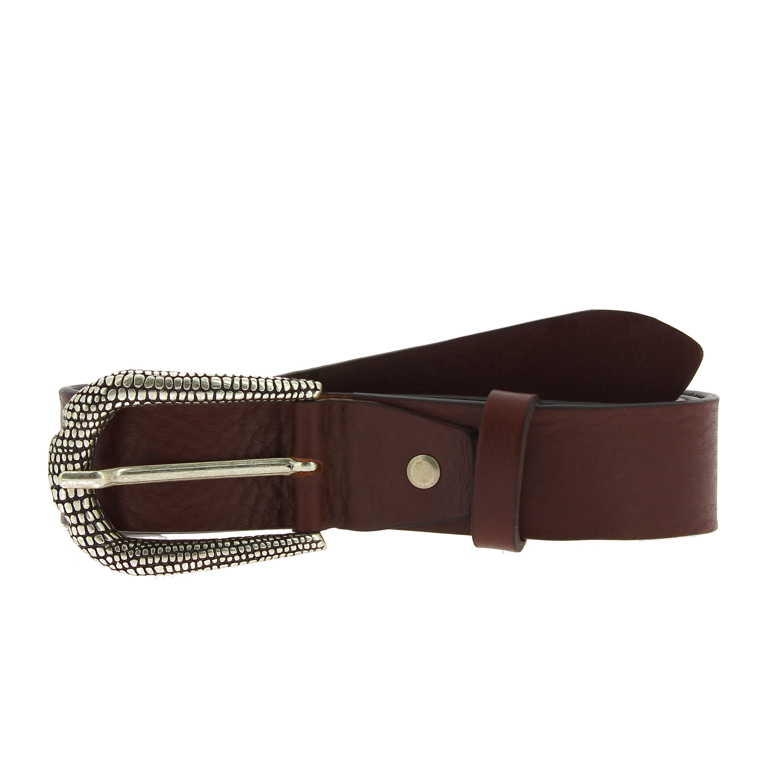 Dark brown leather belt with metal scaled buckle