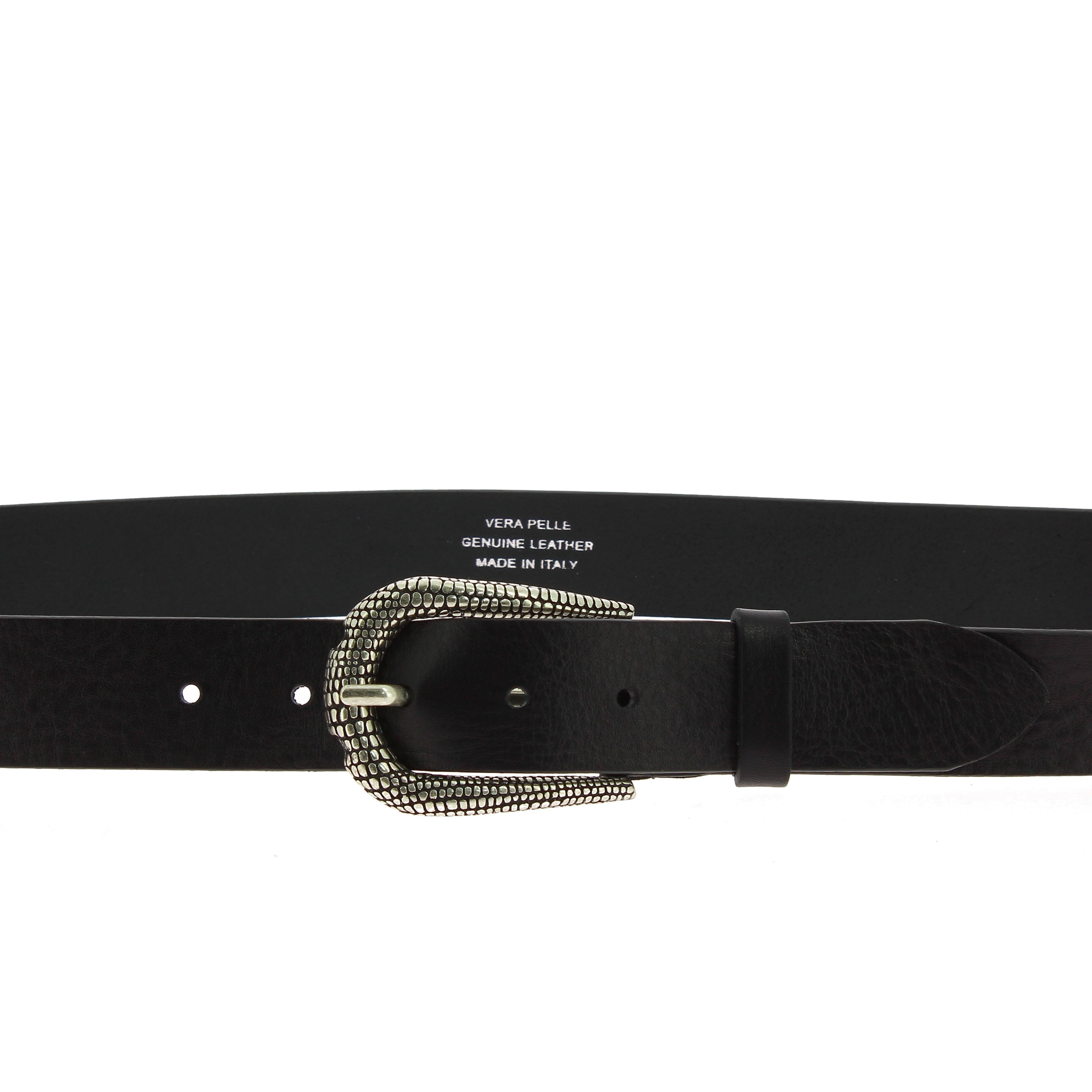 Black leather belt with metal scaled buckle