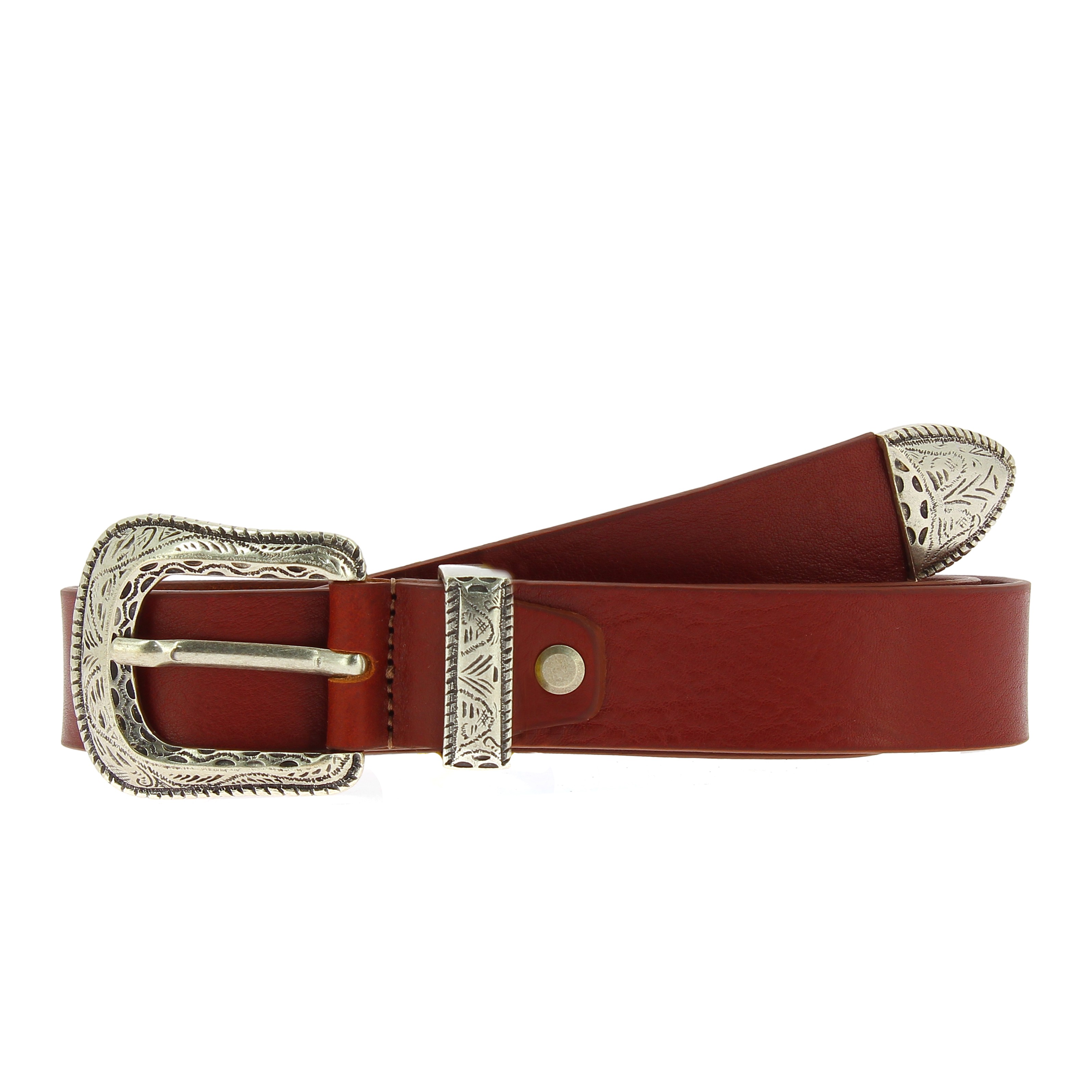 Ceinture en cuir marron avec boucle et pointe en métal gravé