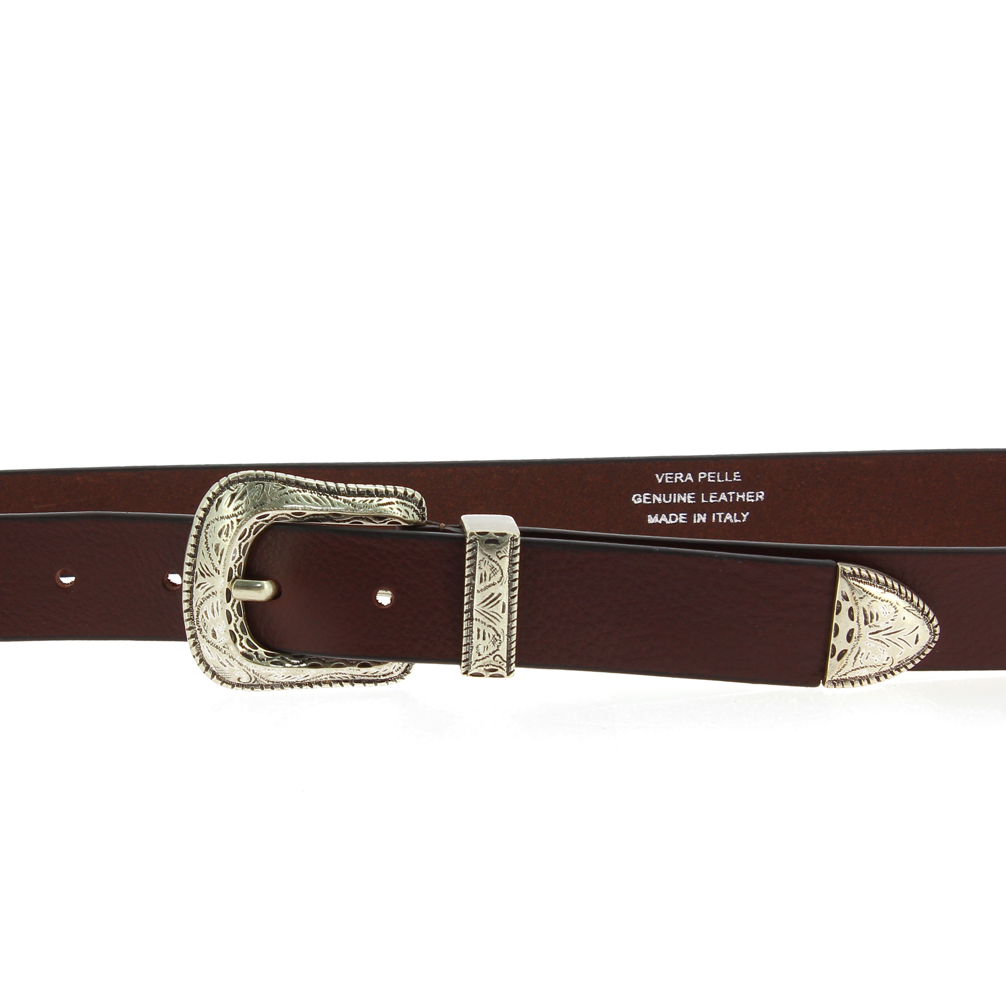 Ceinture en cuir marron foncé avec boucle et pointe en métal gravé