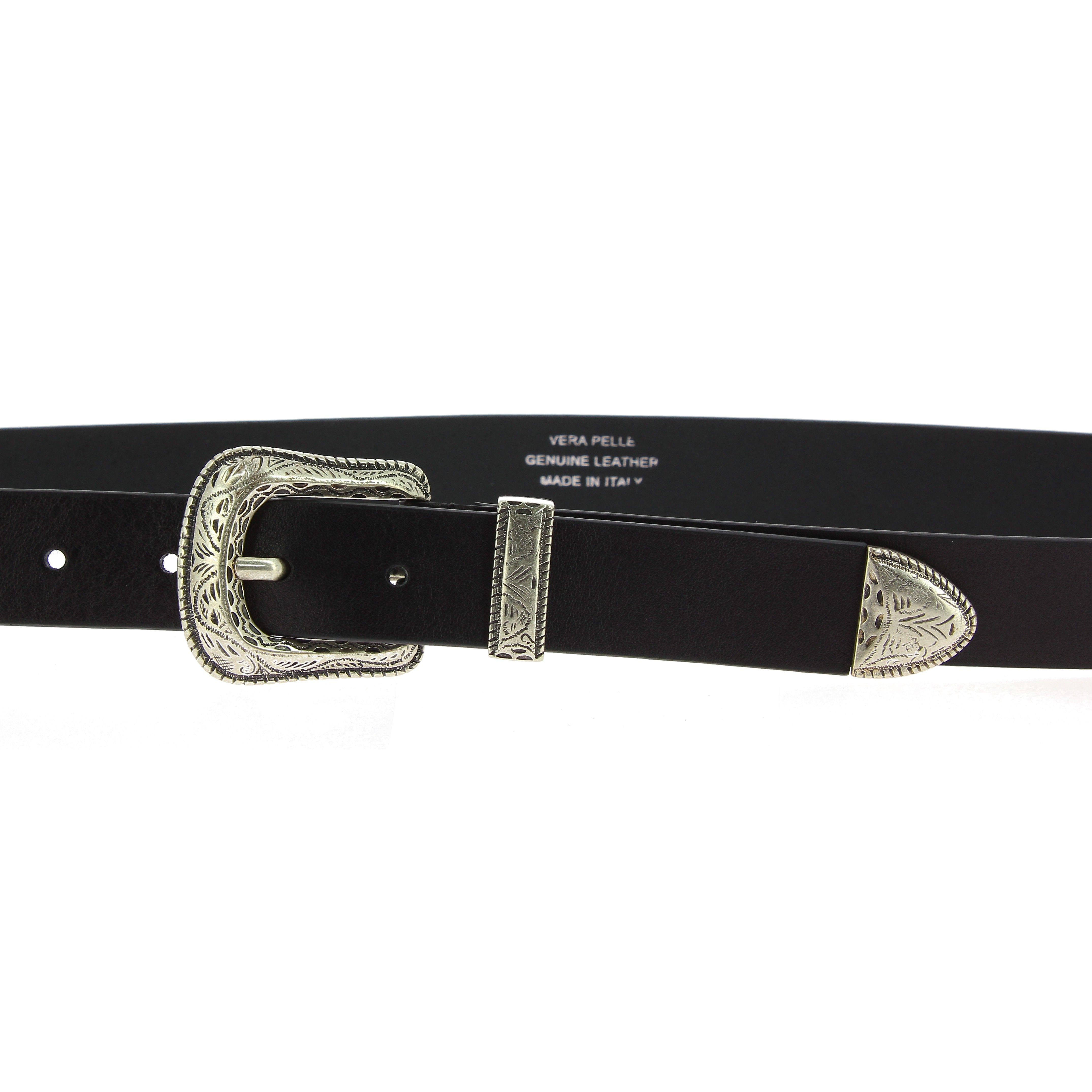 Black leather belt with engraved metal buckle and tip