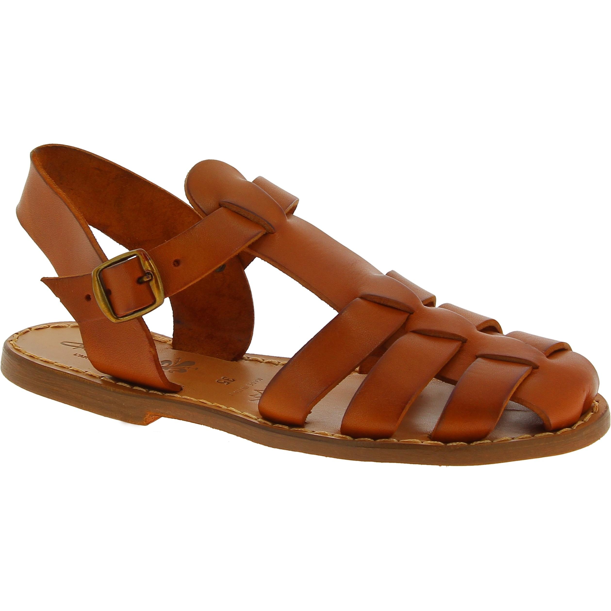 Tan flat sandals for women real leather Handmade in Italy