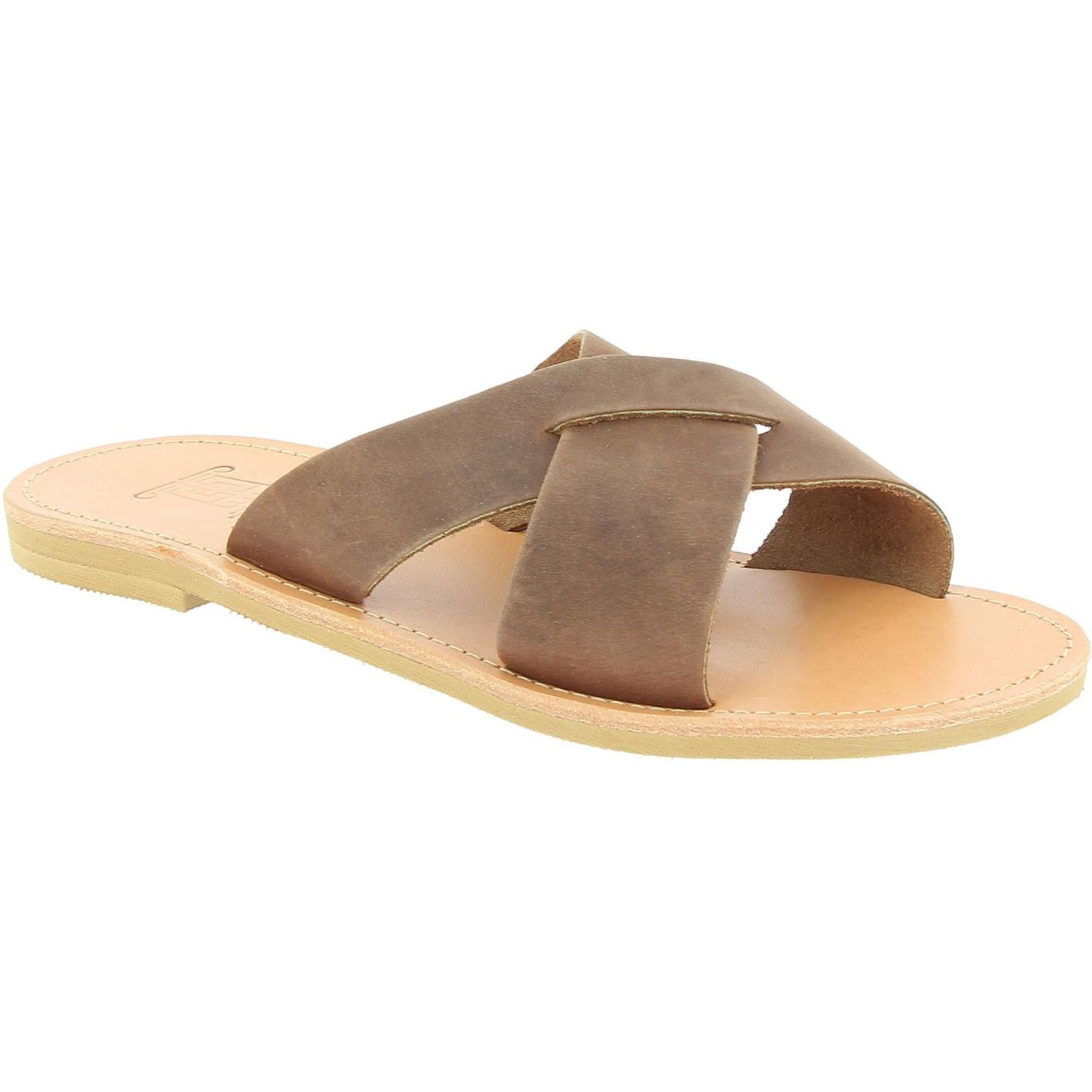 Men's slipper sandals with crossed bands in dark brown nubuck leather