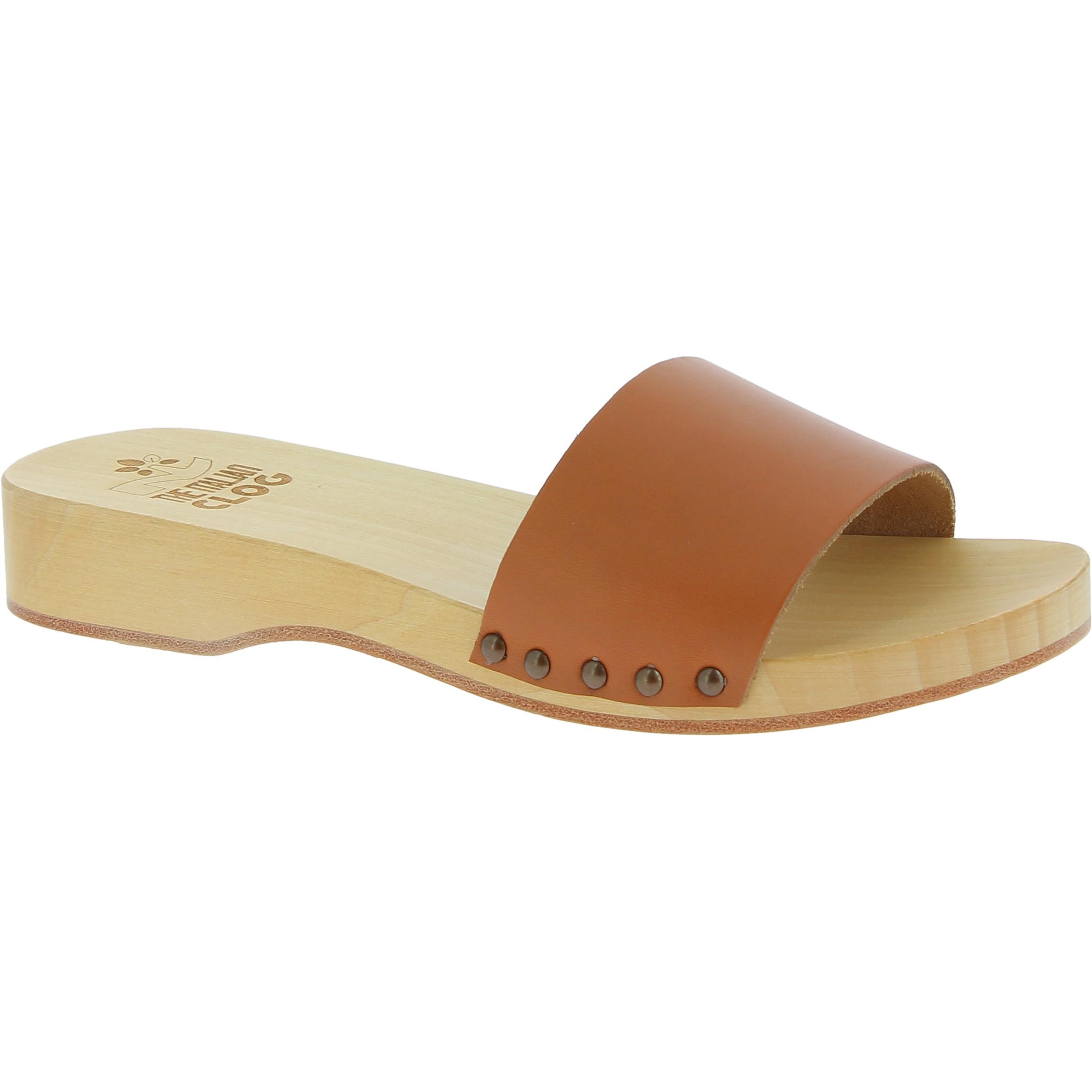 Handmade wooden clogs for men with tan leather band