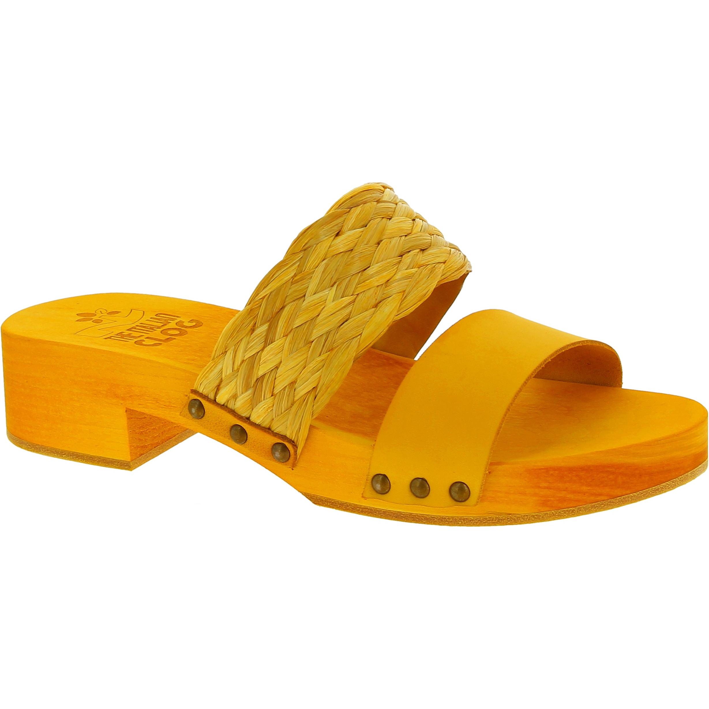 Yellow mules with leather and rafia band Handmade