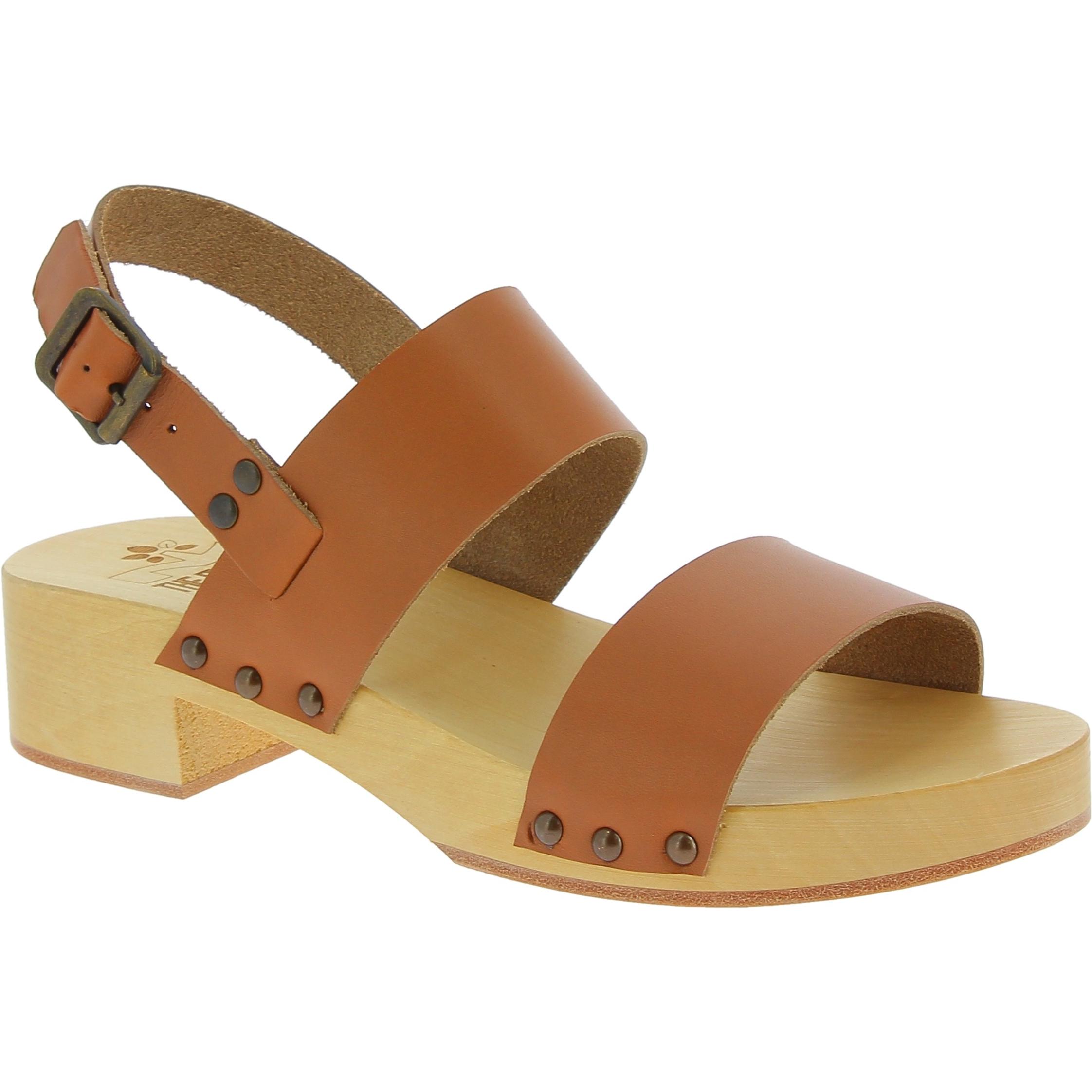 Holzclogs Damen mit beige Lederband Handgefertigte