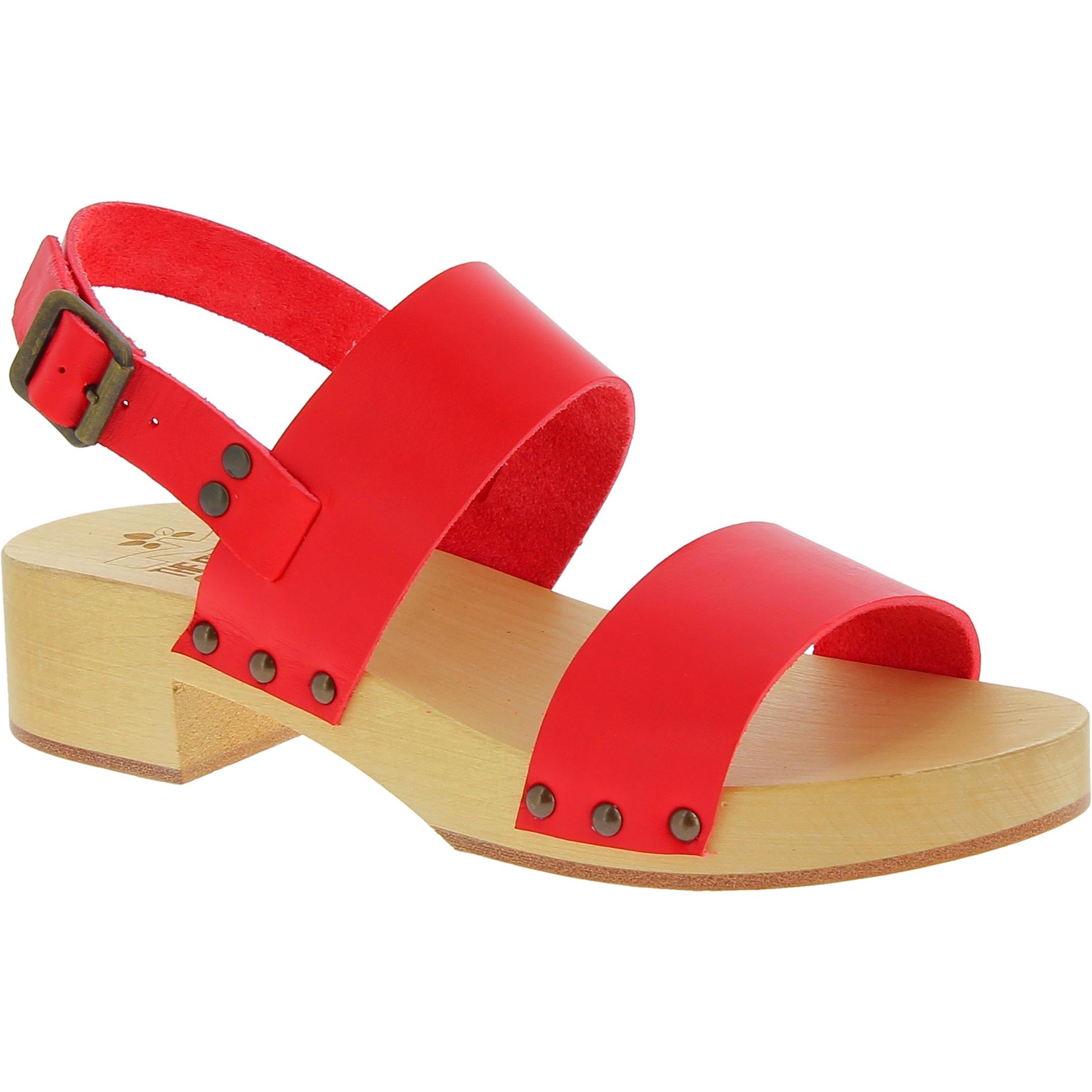 Clogs holz Damen mit rot Lederband Handgefertigte