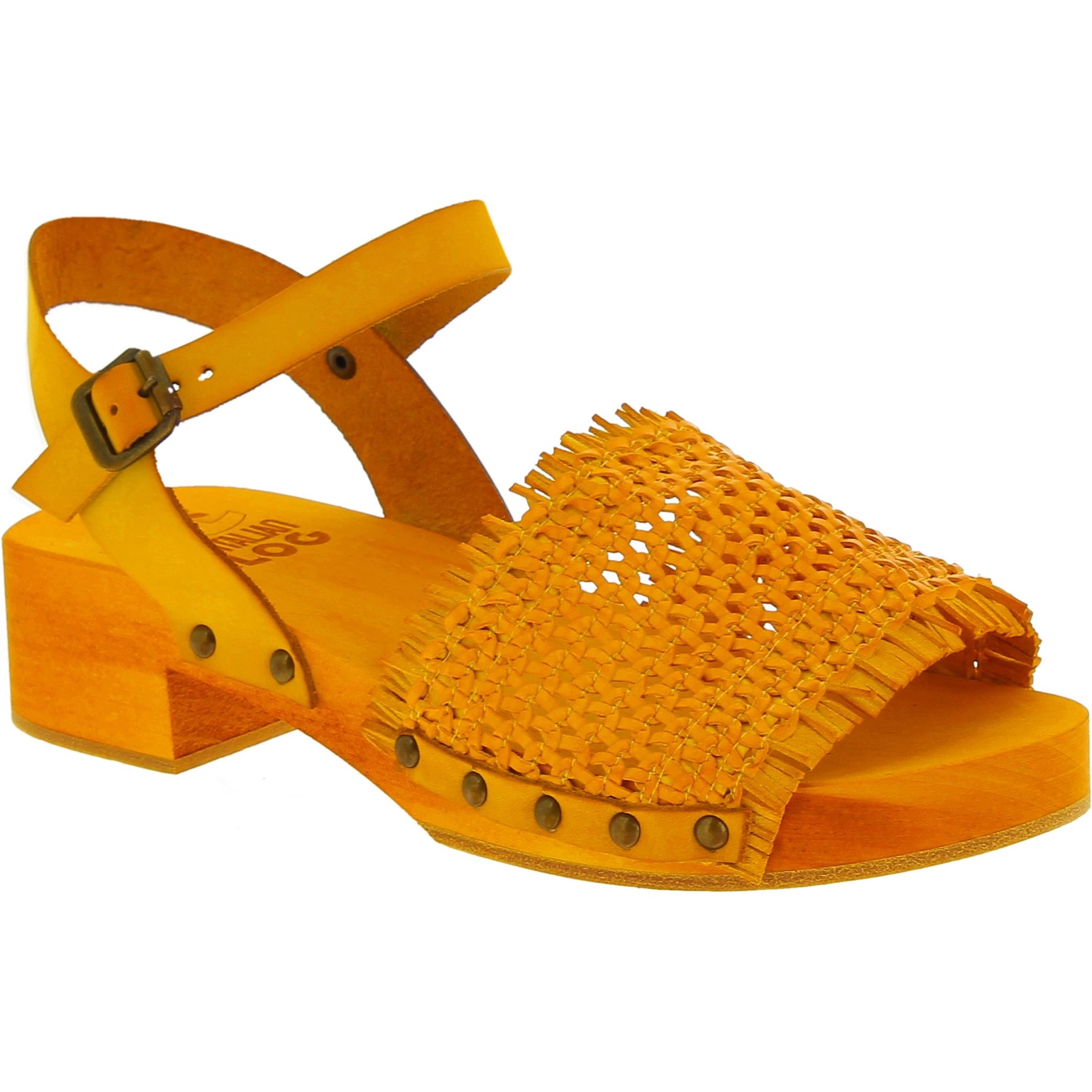 Yellow clogs with genuine woven leather band Handmade