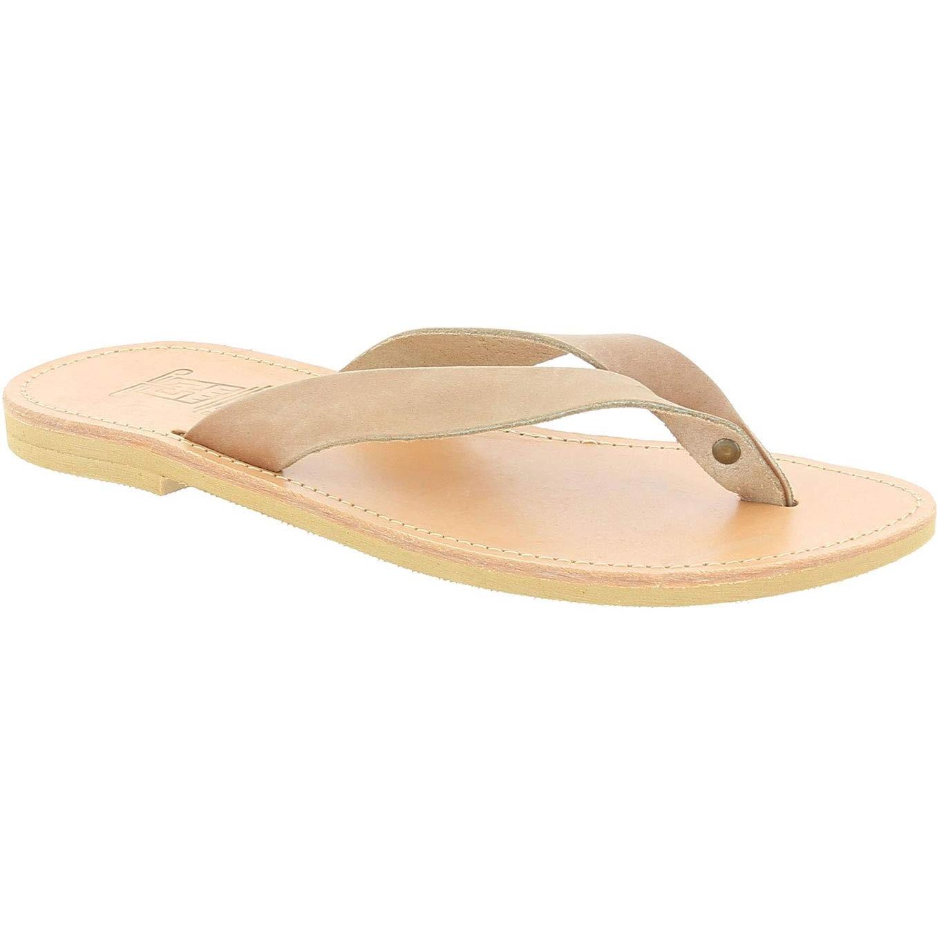 Men's handmade slip-on thong sandals in tan nubuck leather