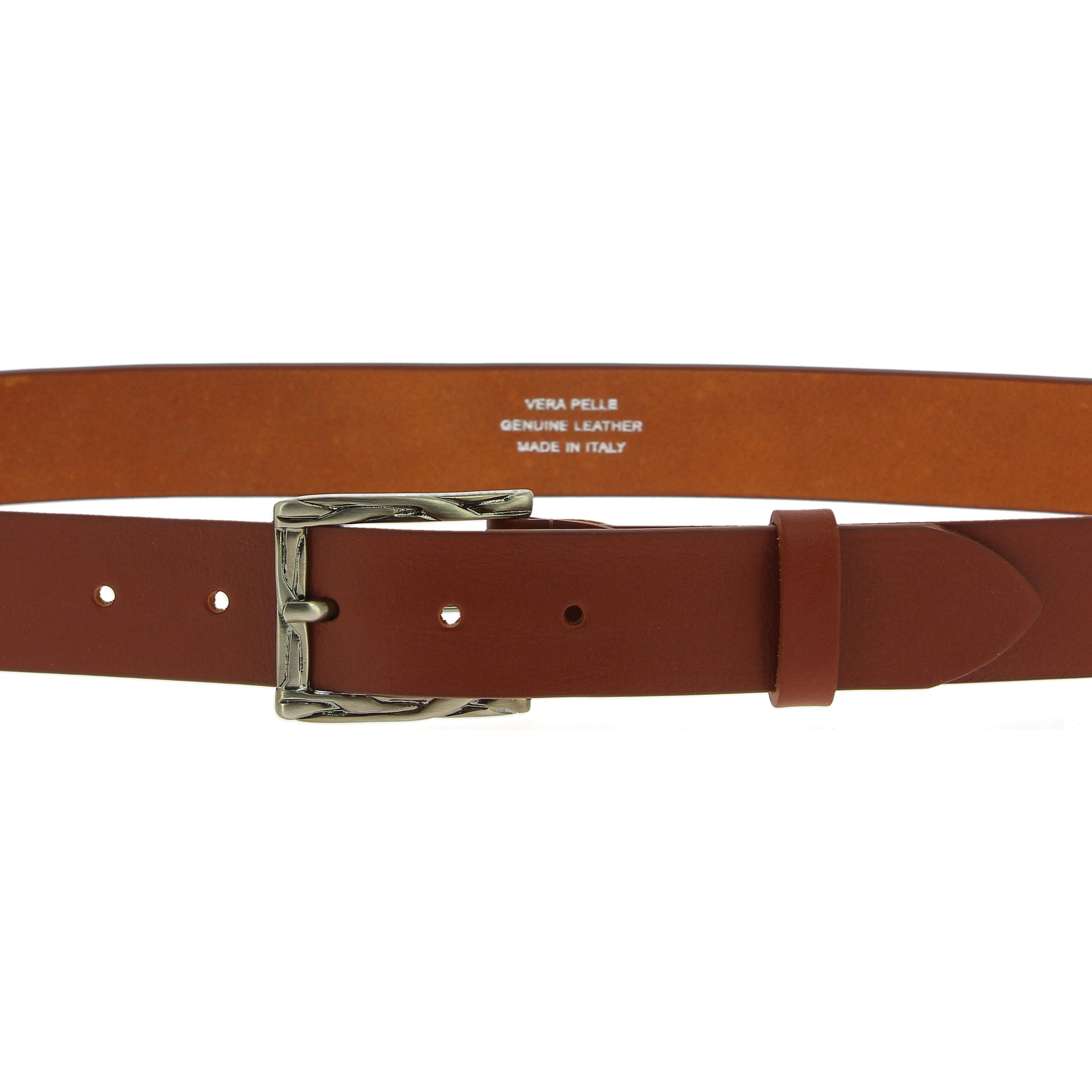 Genuine brown leather belt with classic rectangular metal buckle