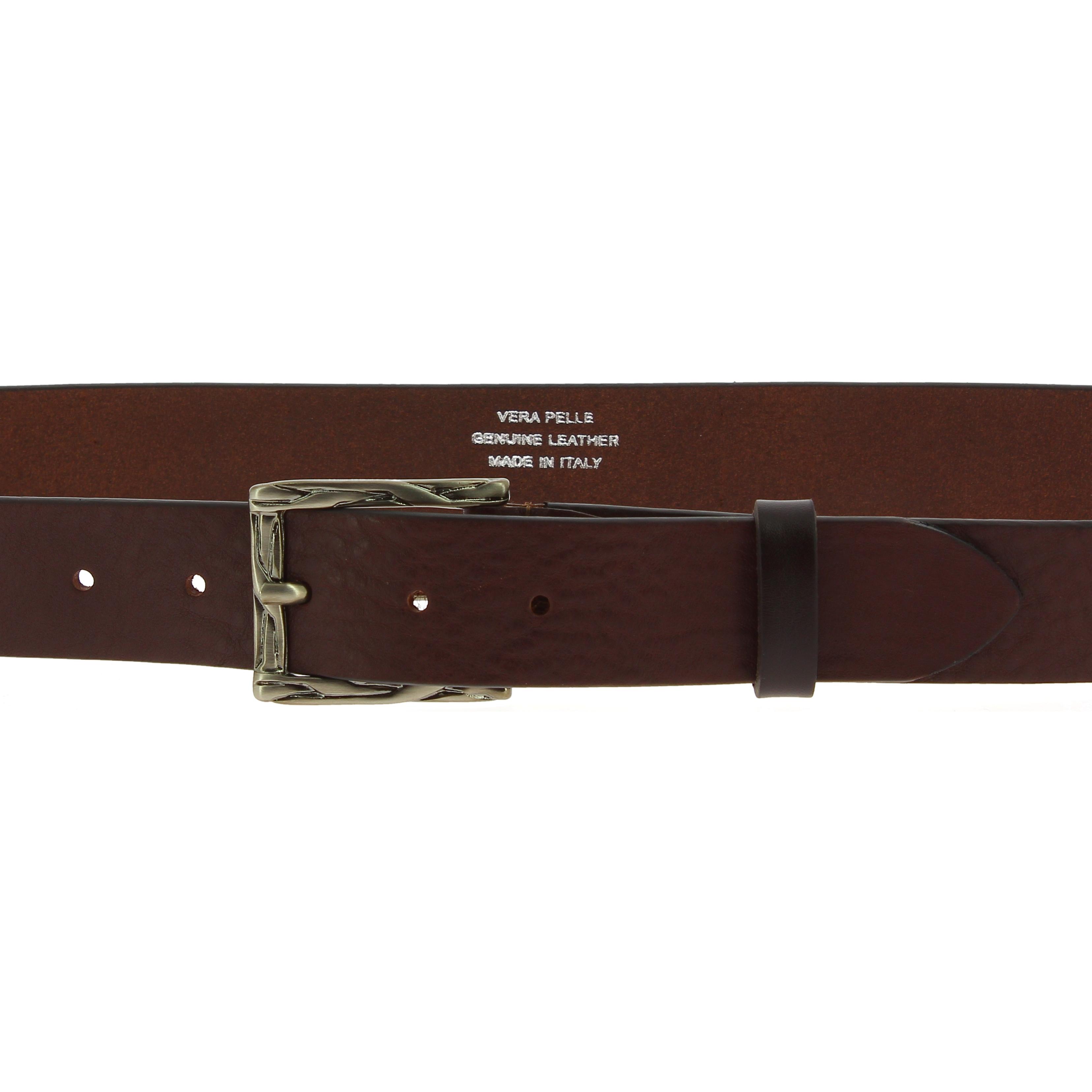 Genuine dark brown leather belt with classic rectangular metal buckle