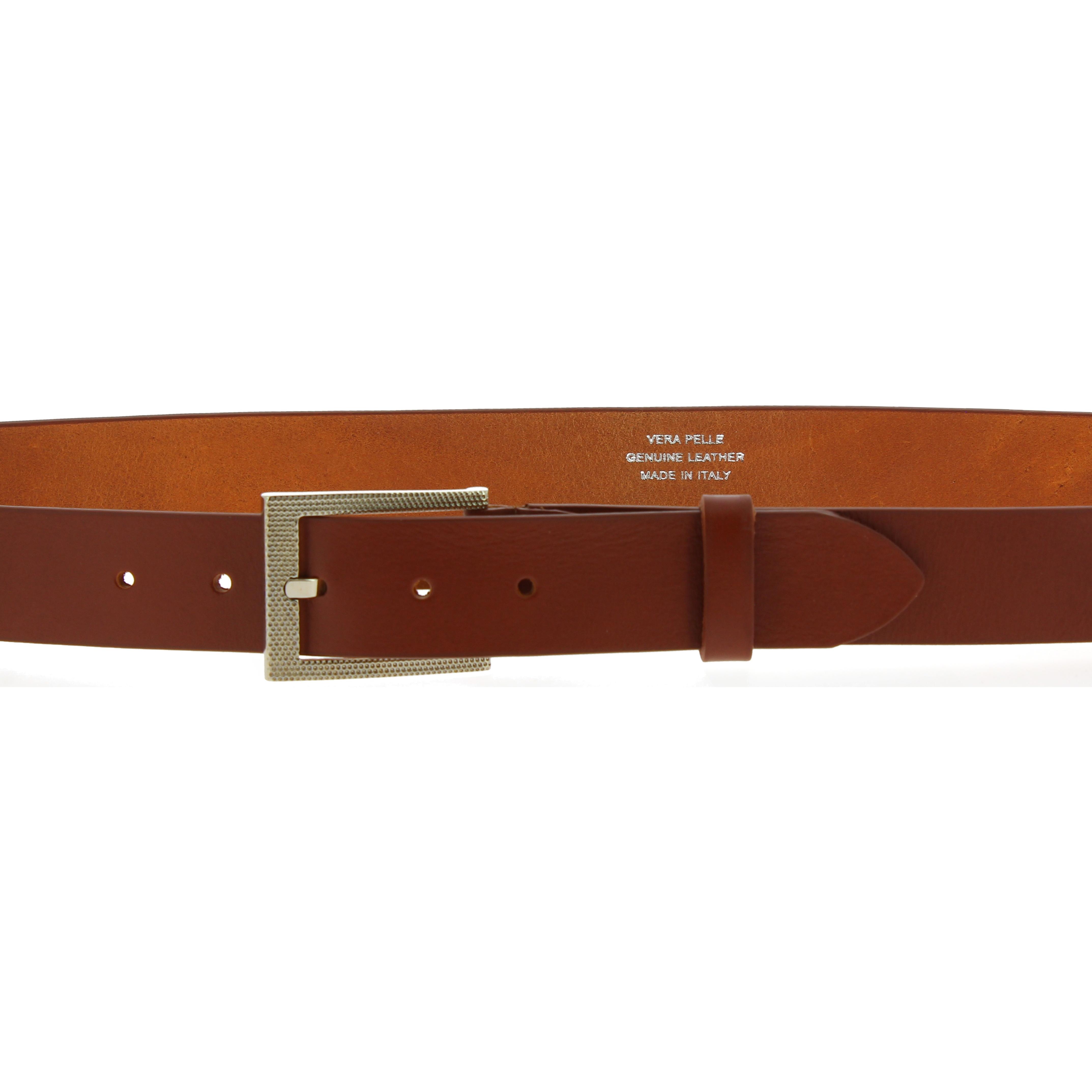 Genuine brandy leather belt with classic rectangular metal buckle