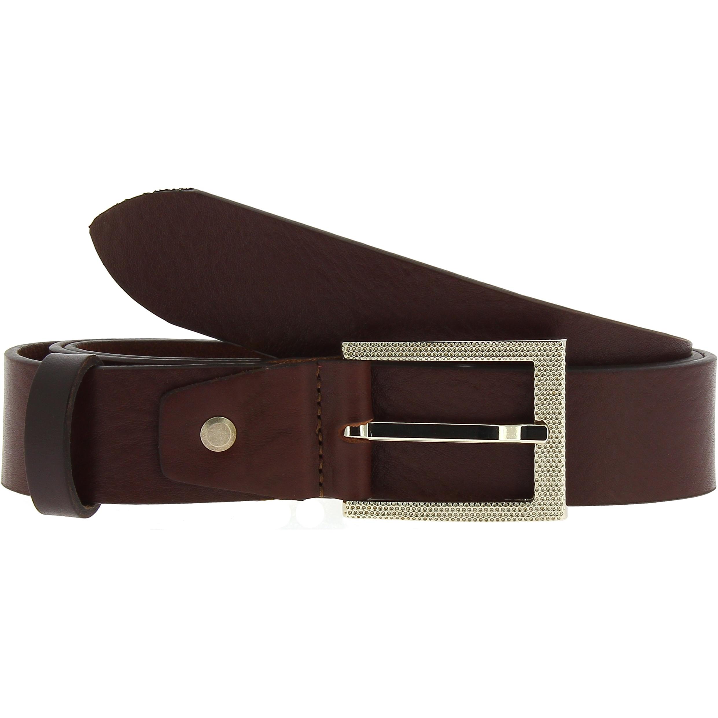 Genuine dark brown leather belt with classic rectangular metal buckle