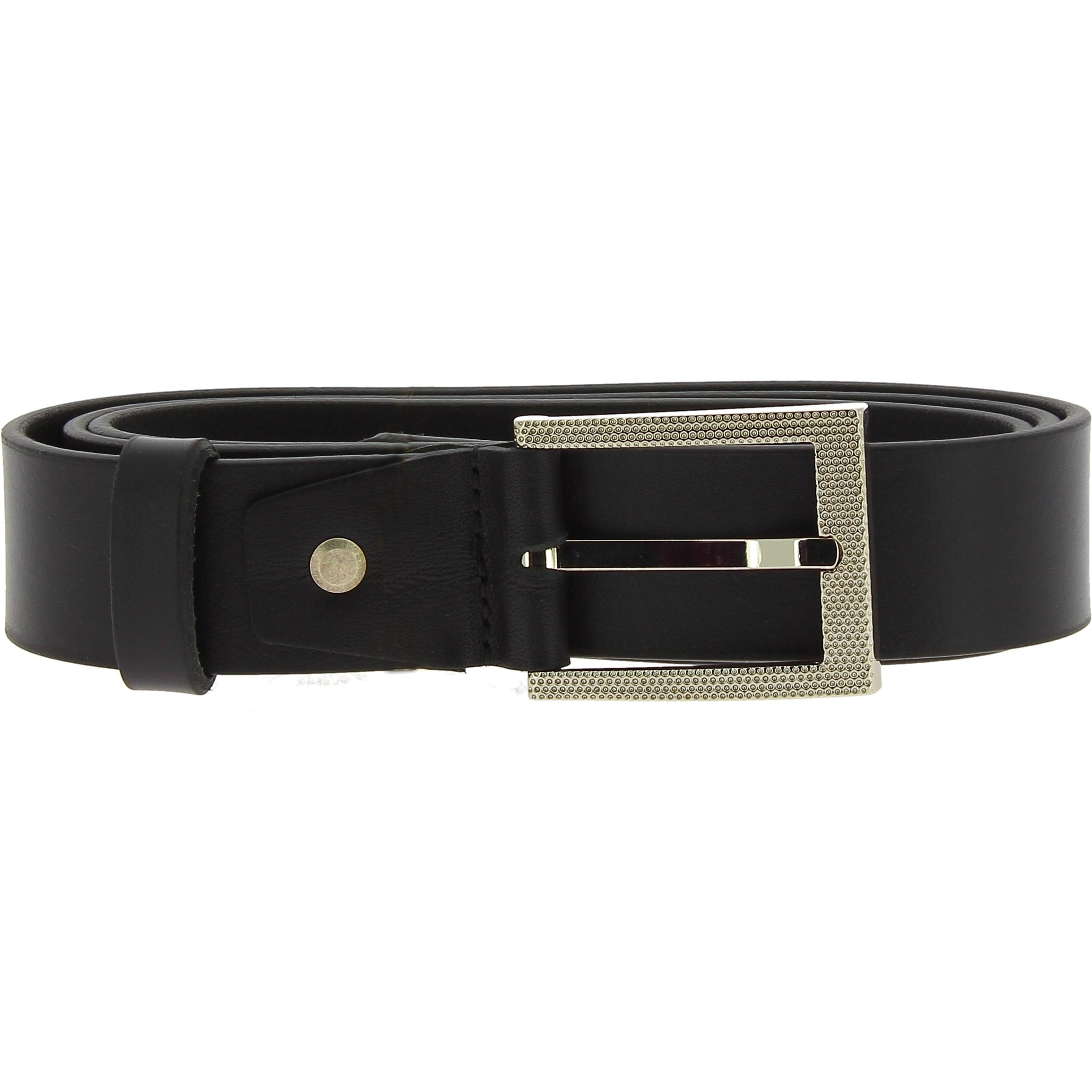 Genuine black leather belt with classic rectangular metal buckle