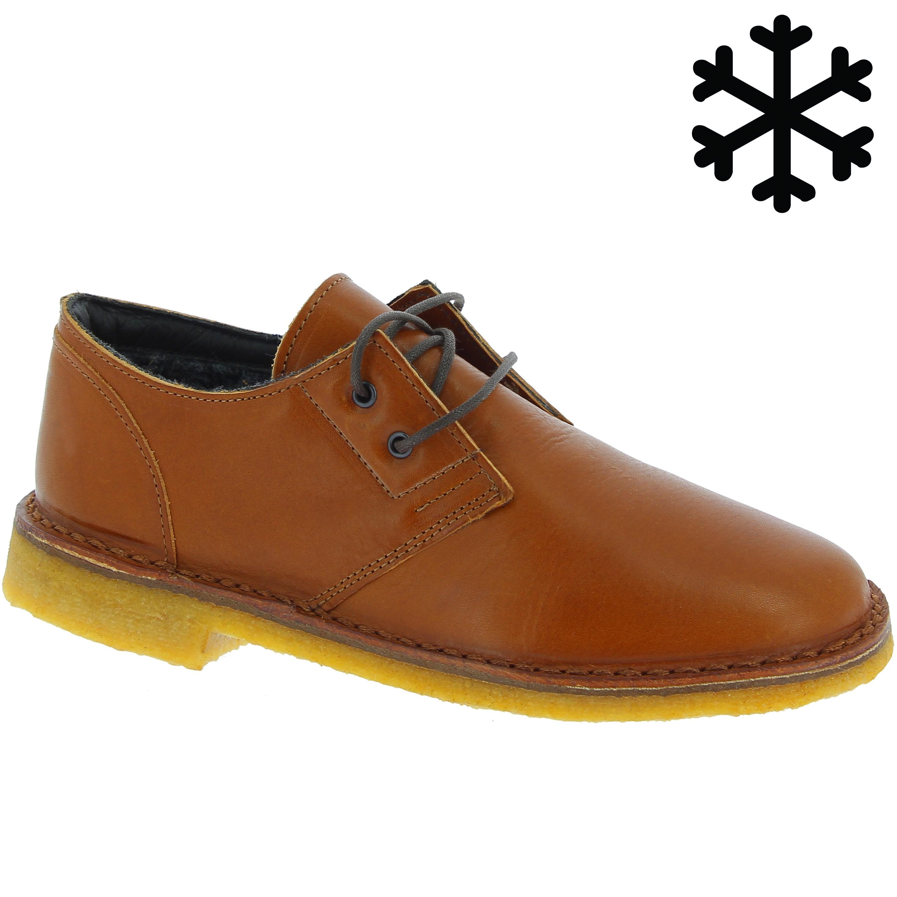 Chaussures basses femme en cuir marron artisanales avec doublure d'hiver