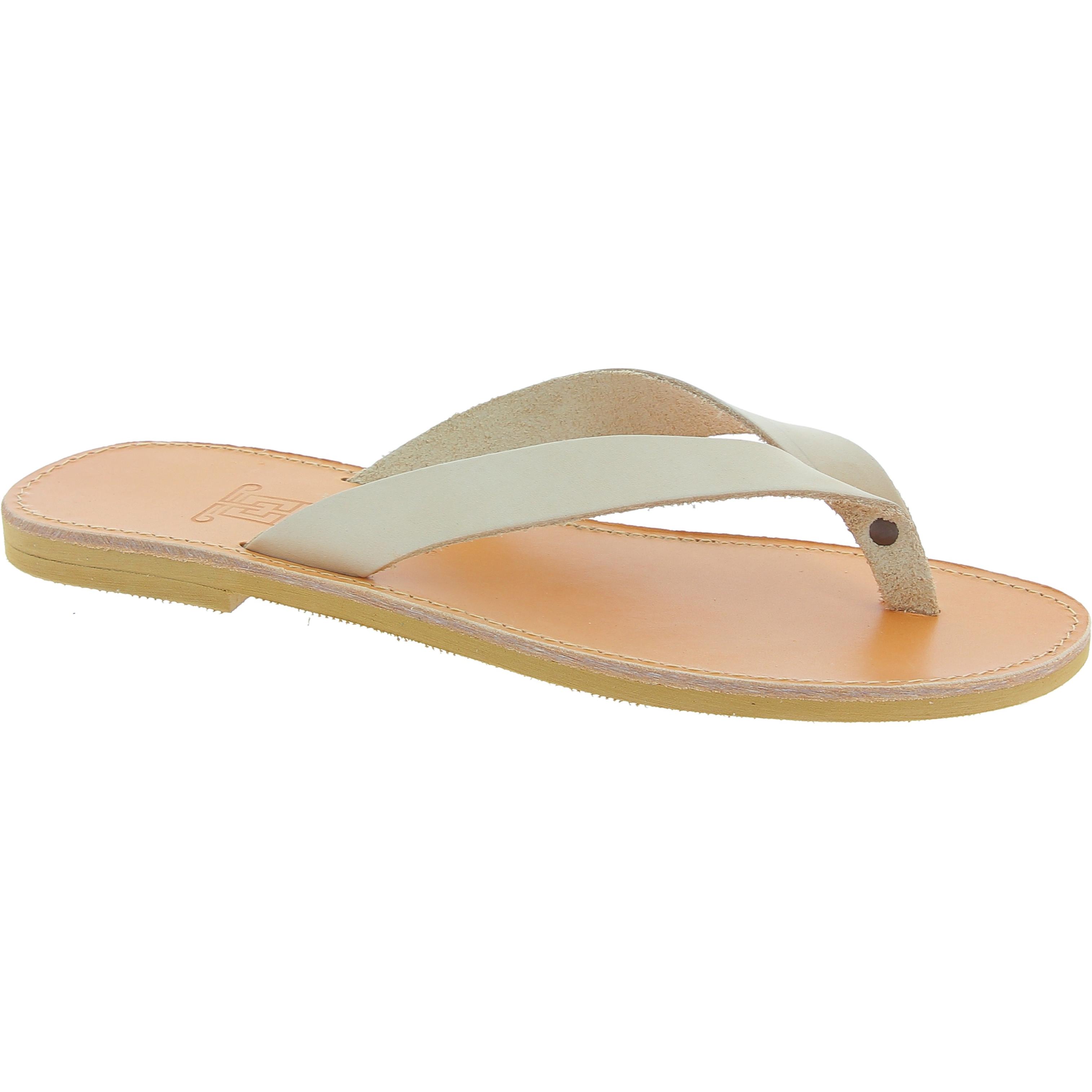 Men's handmade slip-on thong sandals in off white nubuck leather