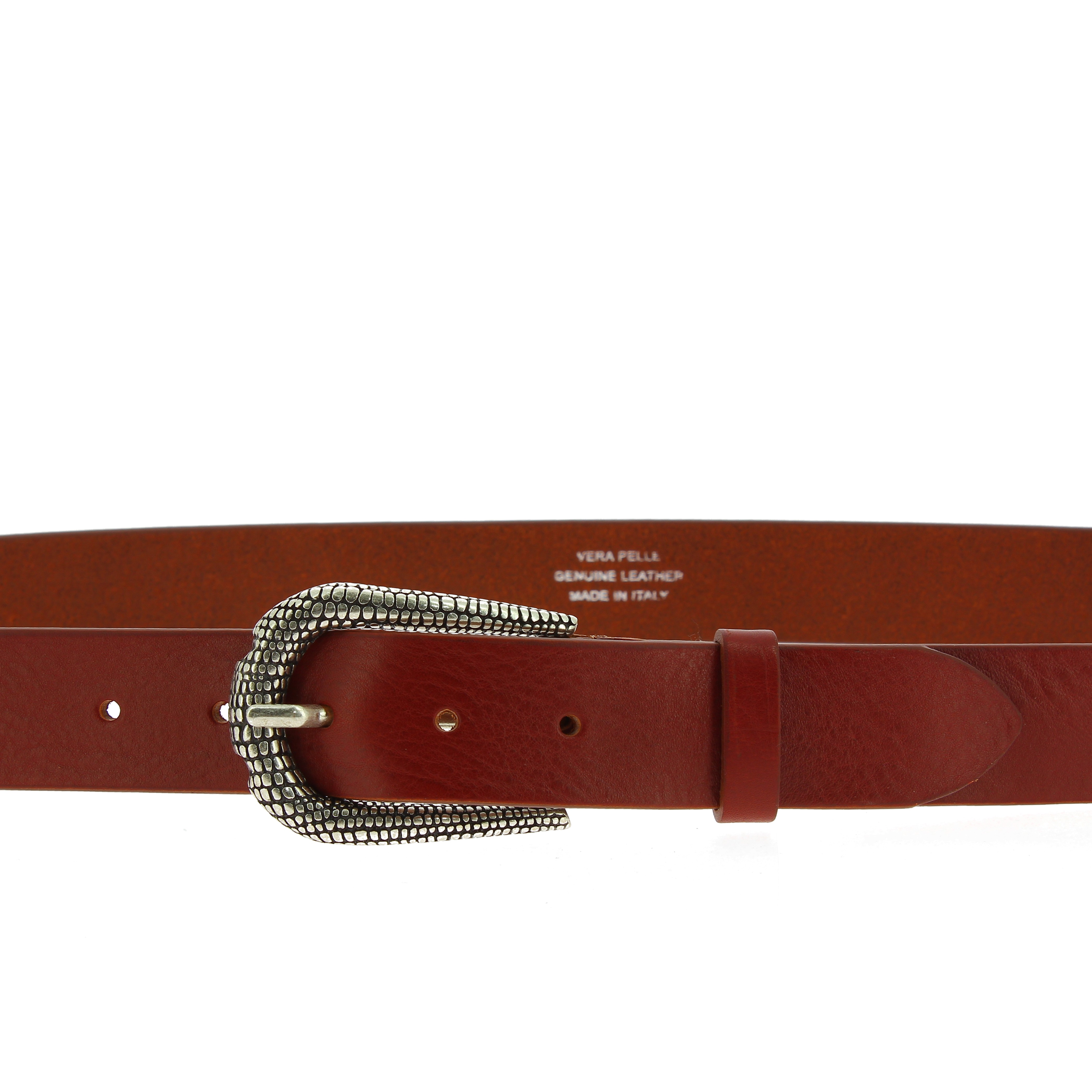 Women's brown leather belt with metal scaled buckle