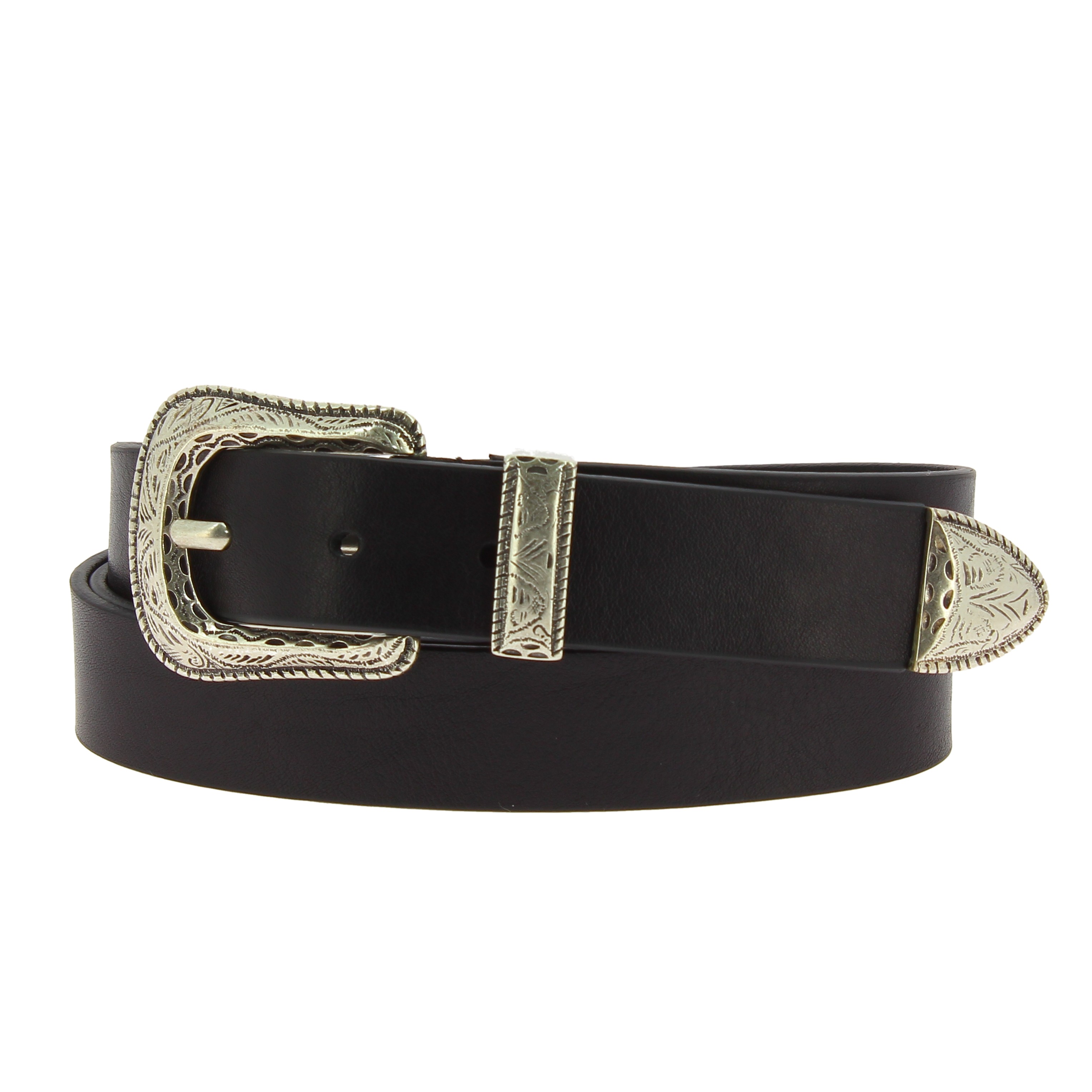 Ceinture femme en cuir noir avec boucle et pointe en métal gravé