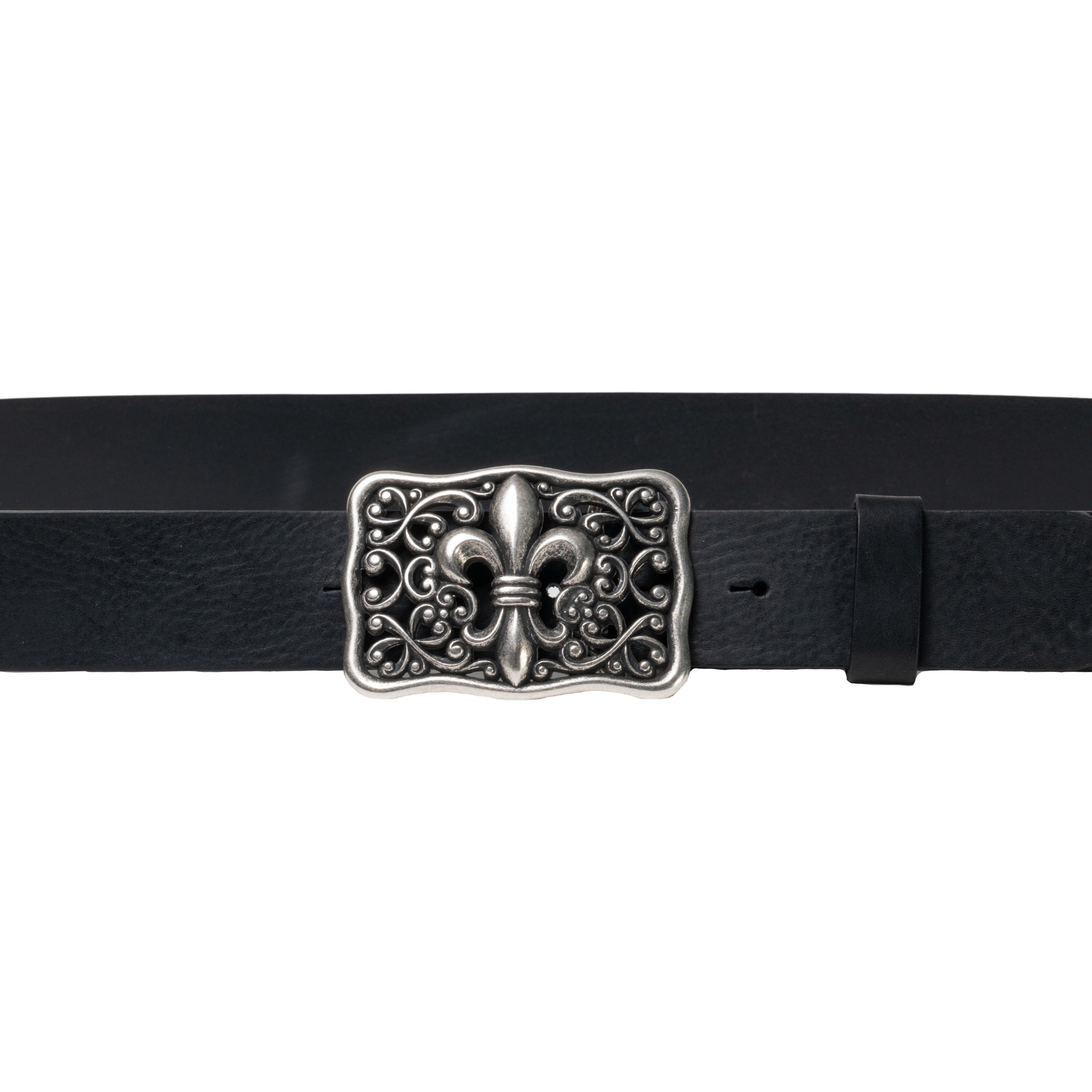 Ceinture en cuir noir avec boucle fleur de lys florentine