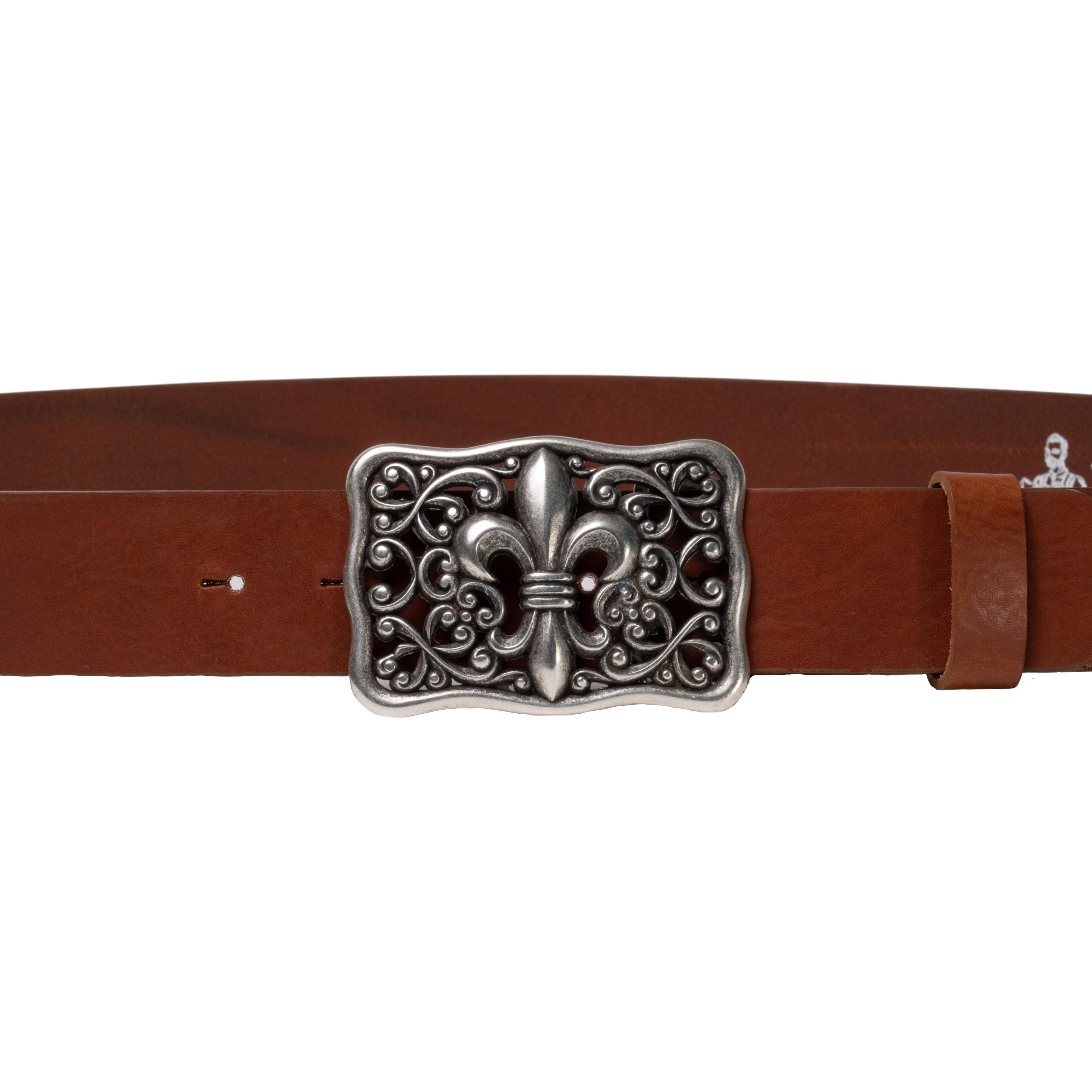 Handcrafted brown leather belt with Florentine lily buckle