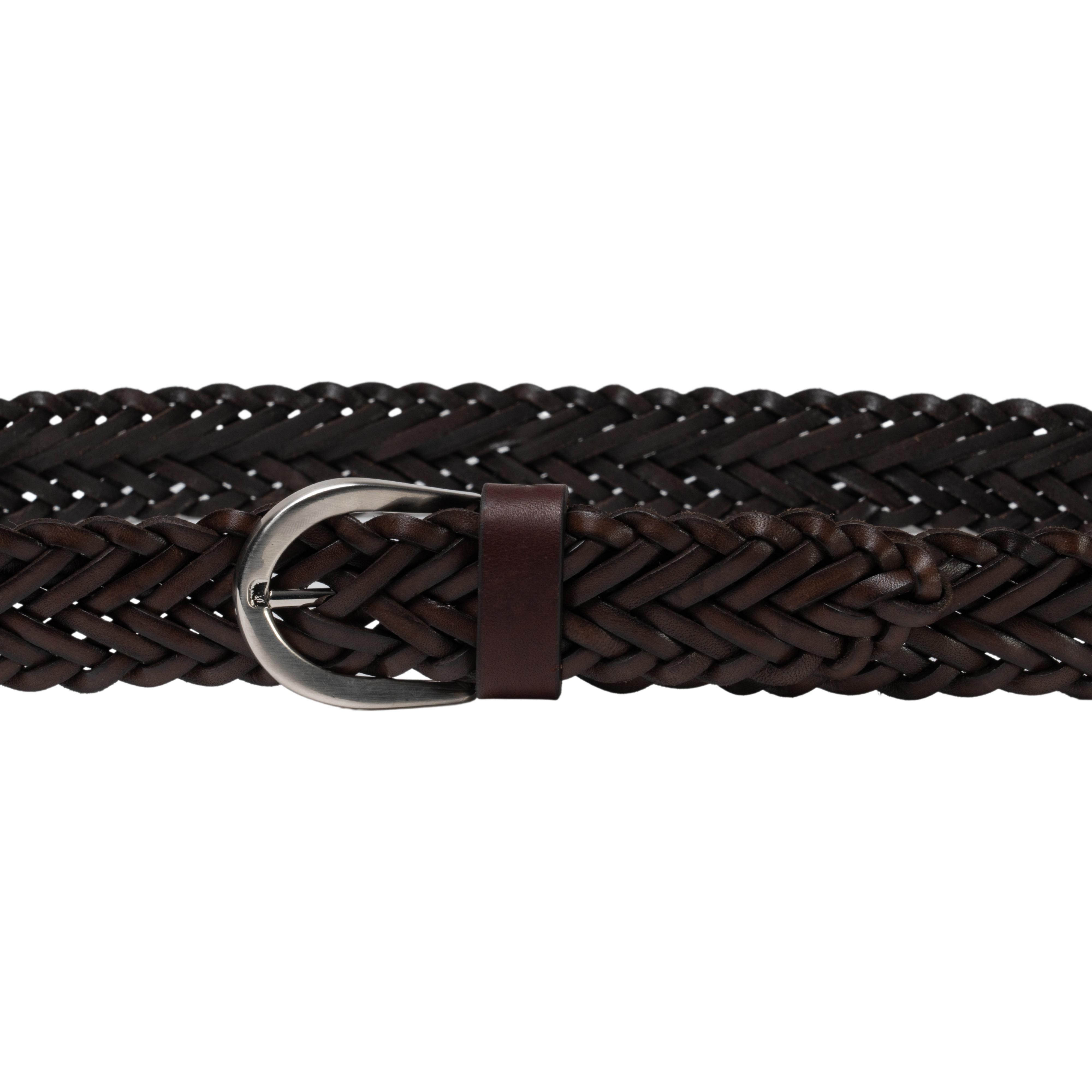 Hand woven belt in dark brown vegetable tanned leather