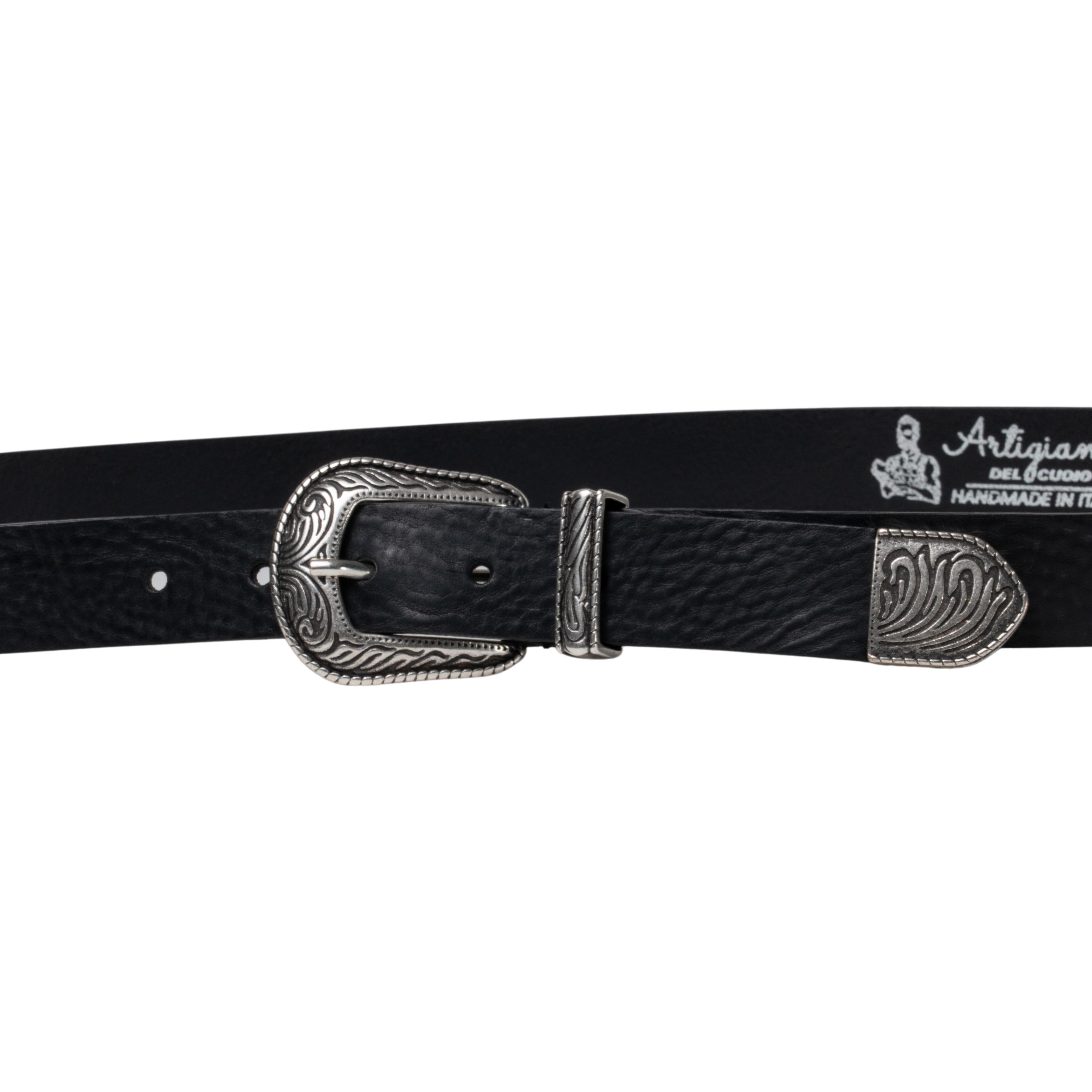 Black leather western belt for women with metal buckle and tip