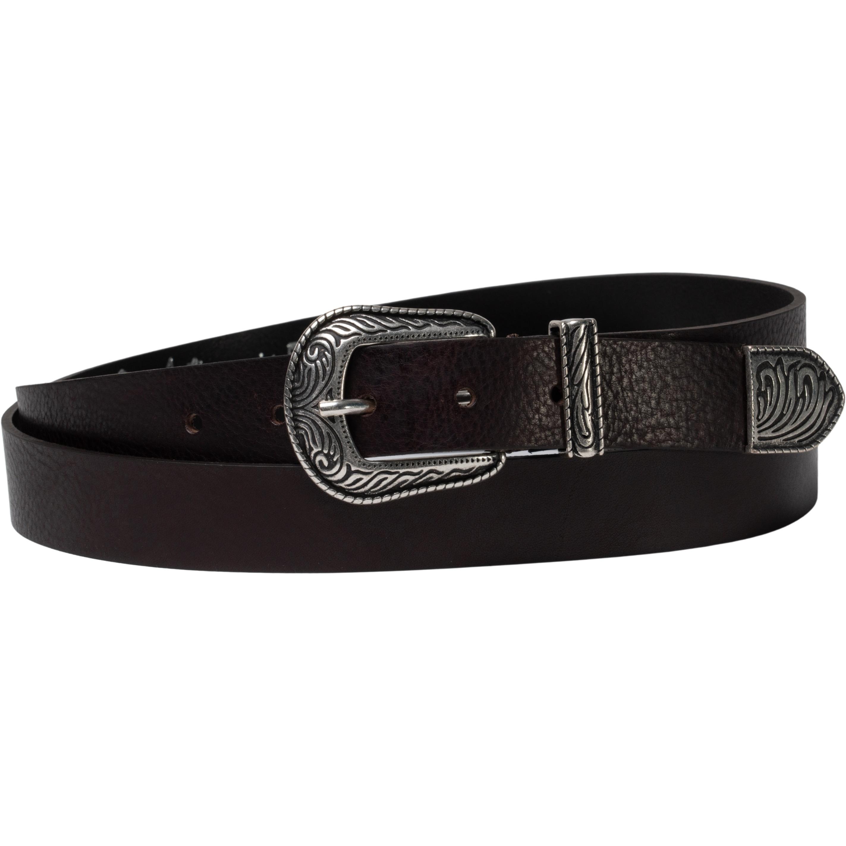 Dark brown leather western belt for women with metal buckle and tip