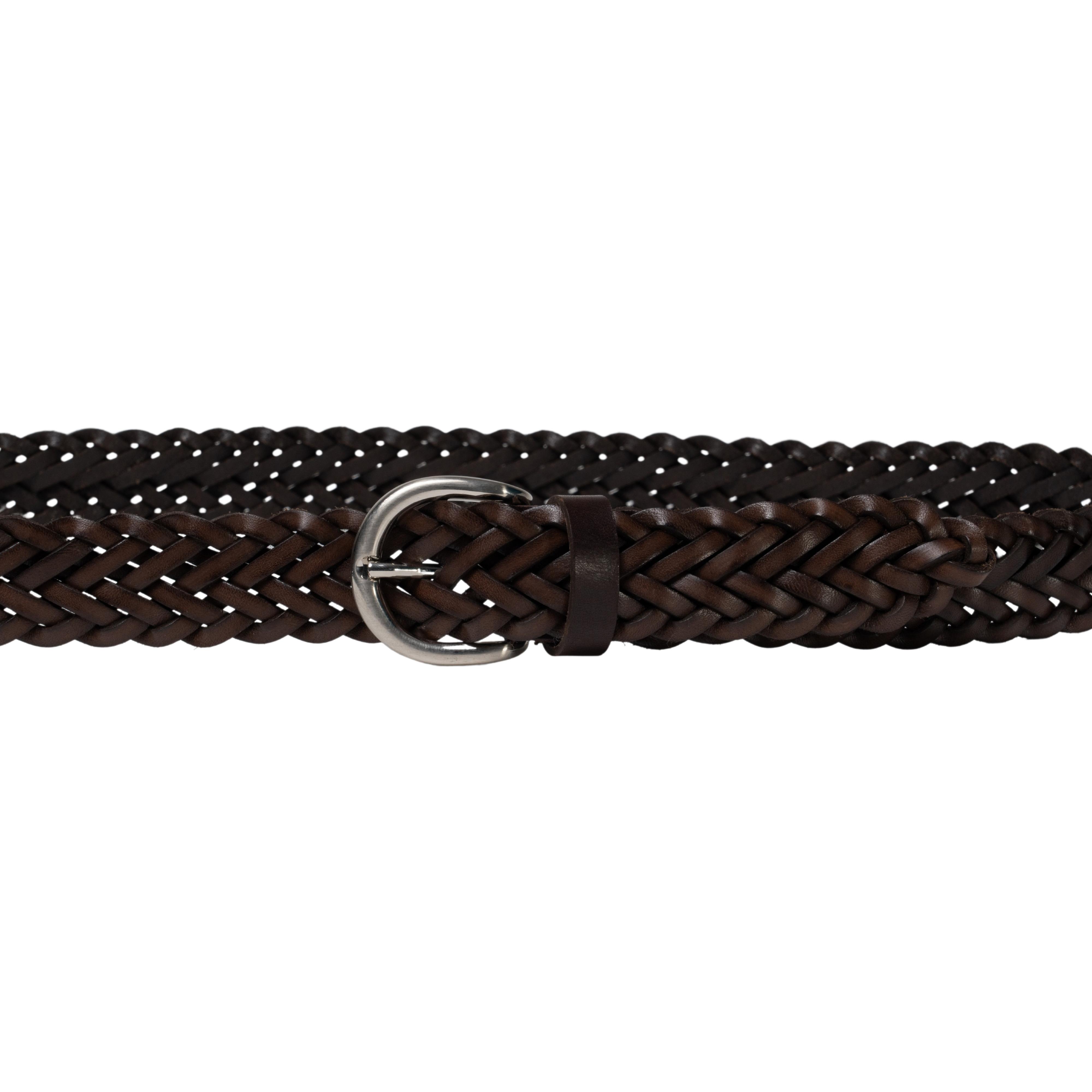 Hand woven women's belt in dark brown leather