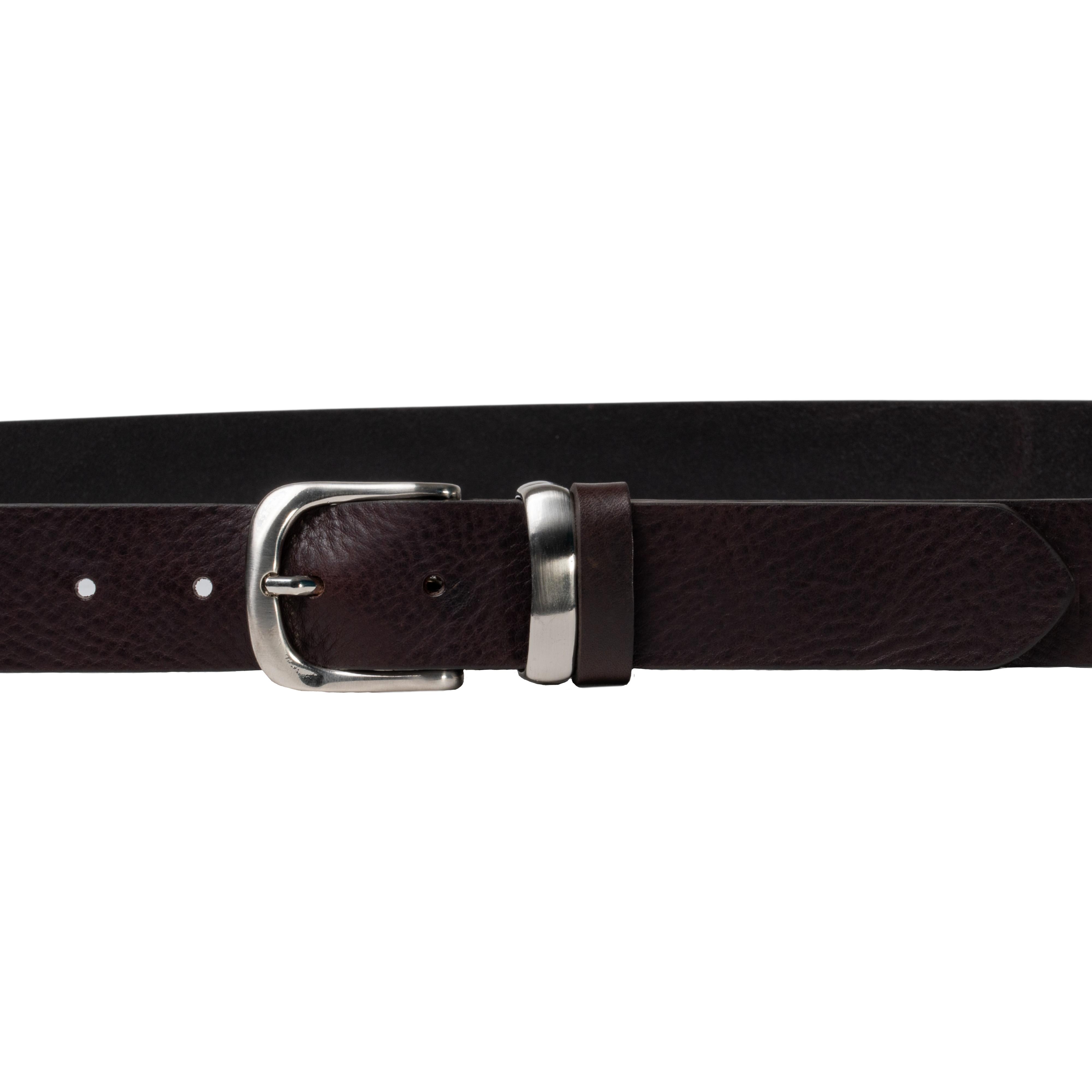 Handmade dark brown leather belt with metal buckle and loop