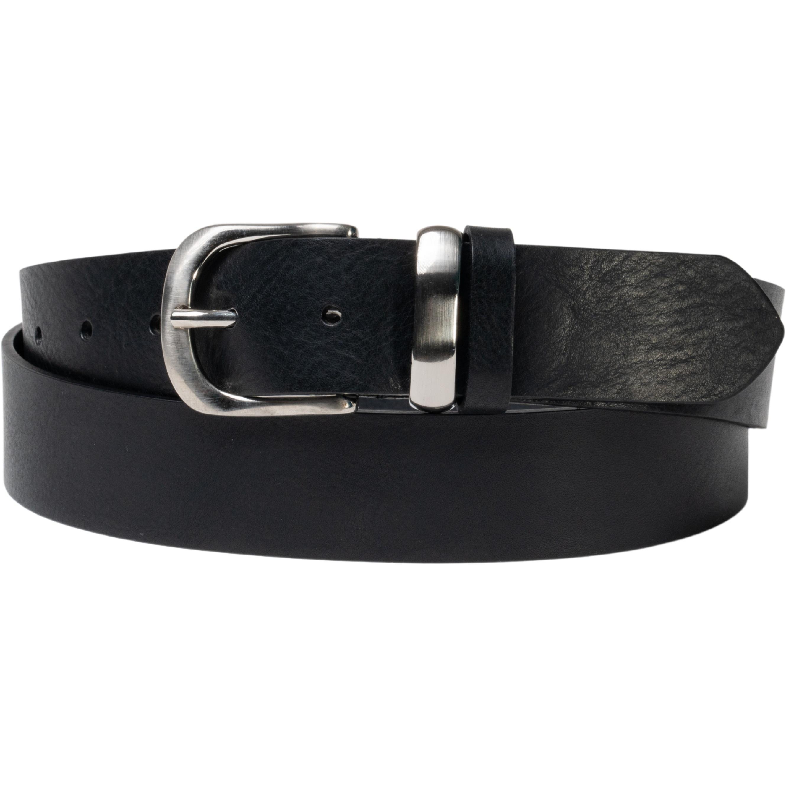 Handmade black leather belt with metal buckle and loop