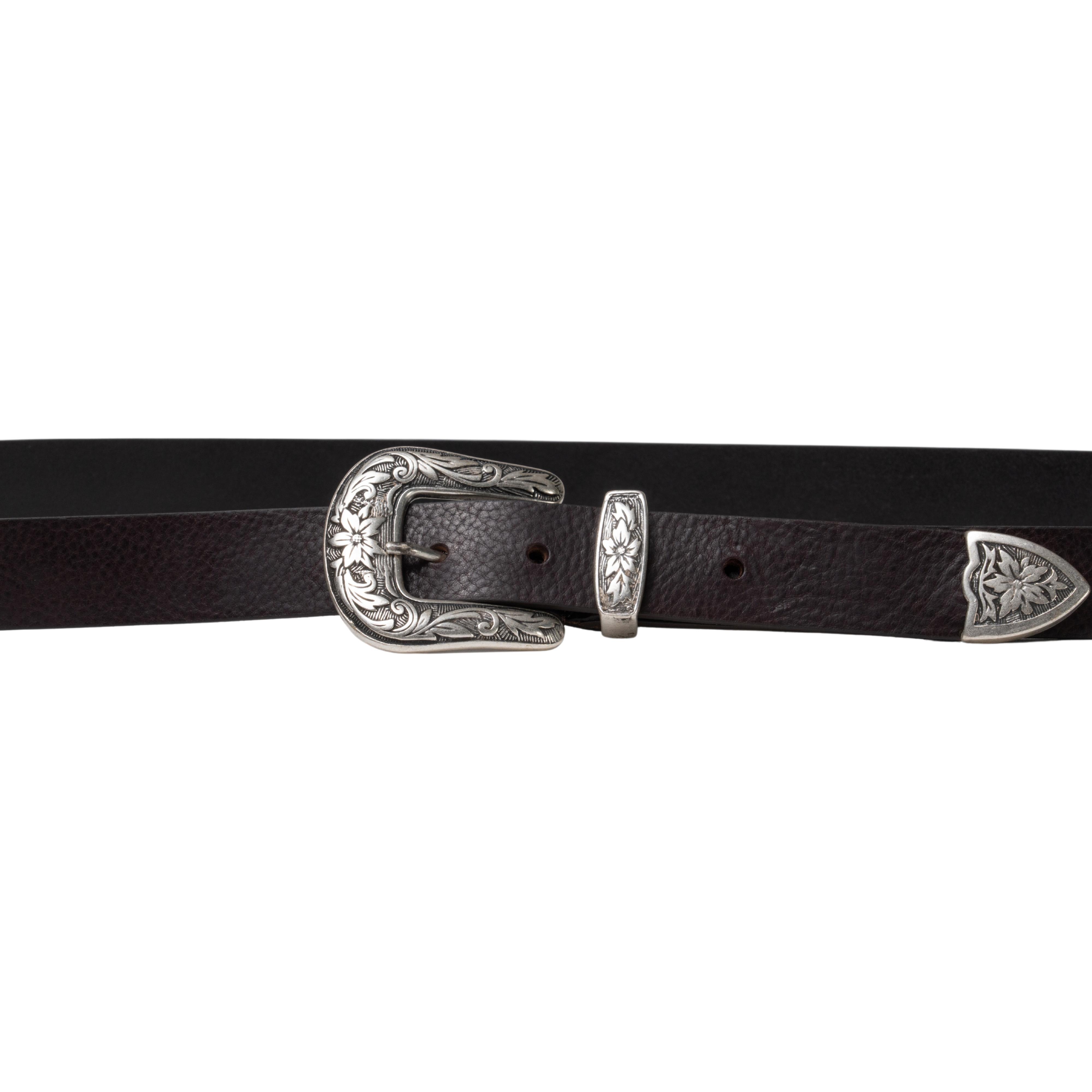 Dark brown leather western belt for women with metal buckle engraved