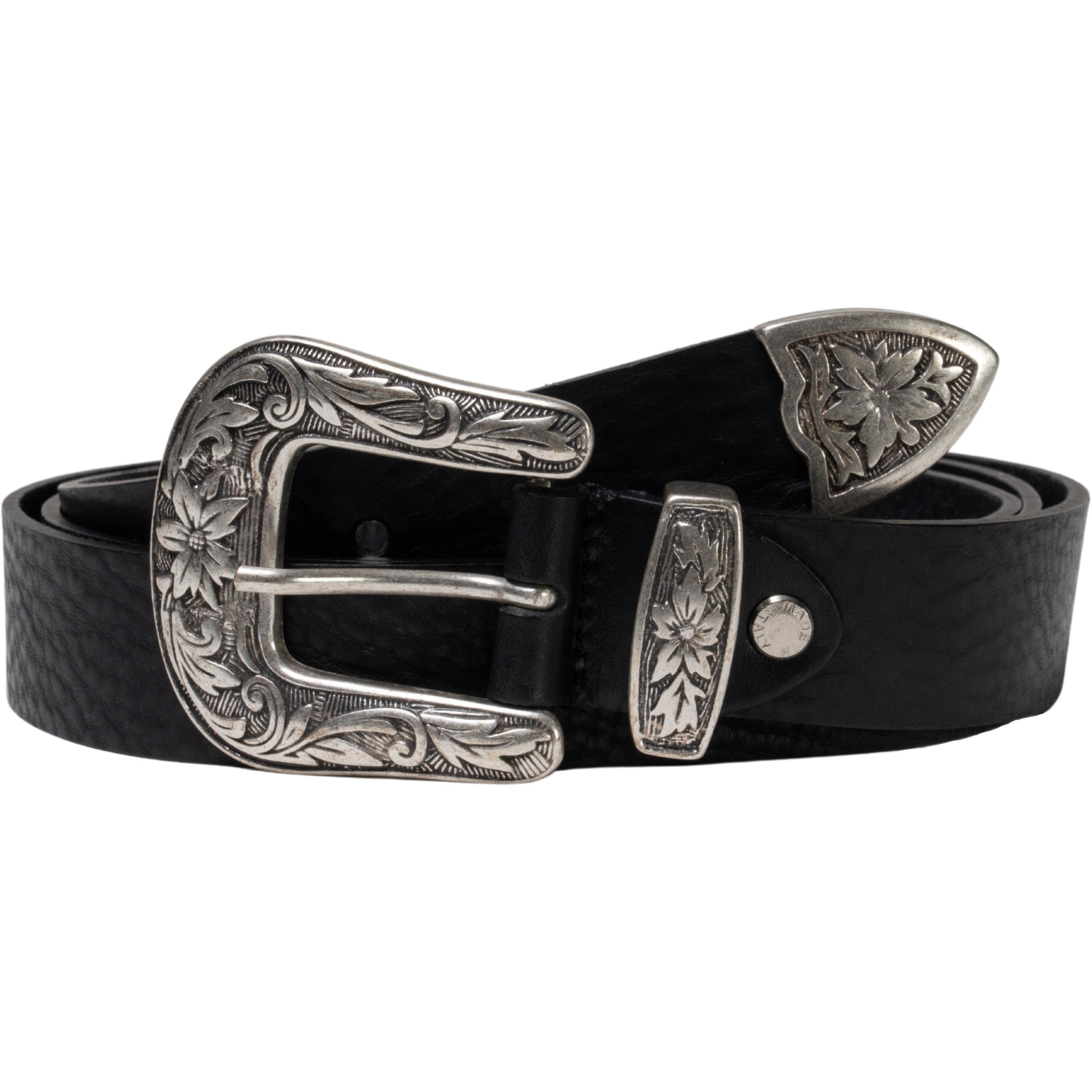 Black leather western belt for women with metal buckle engraved