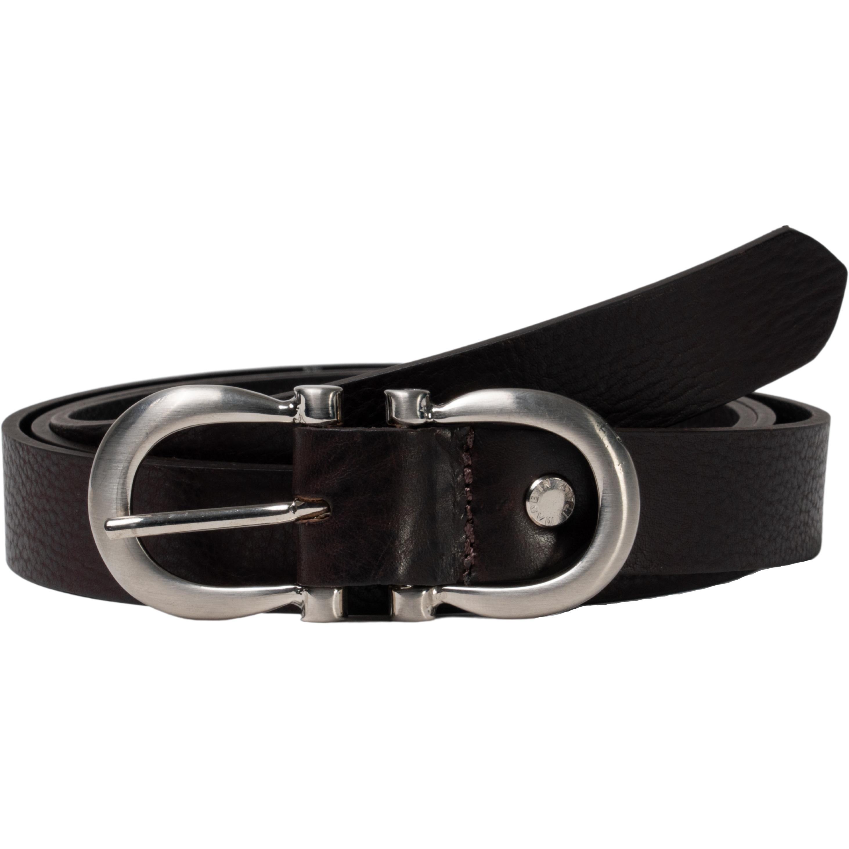 Handmade dark brown leather belt with metal figure eight buckle