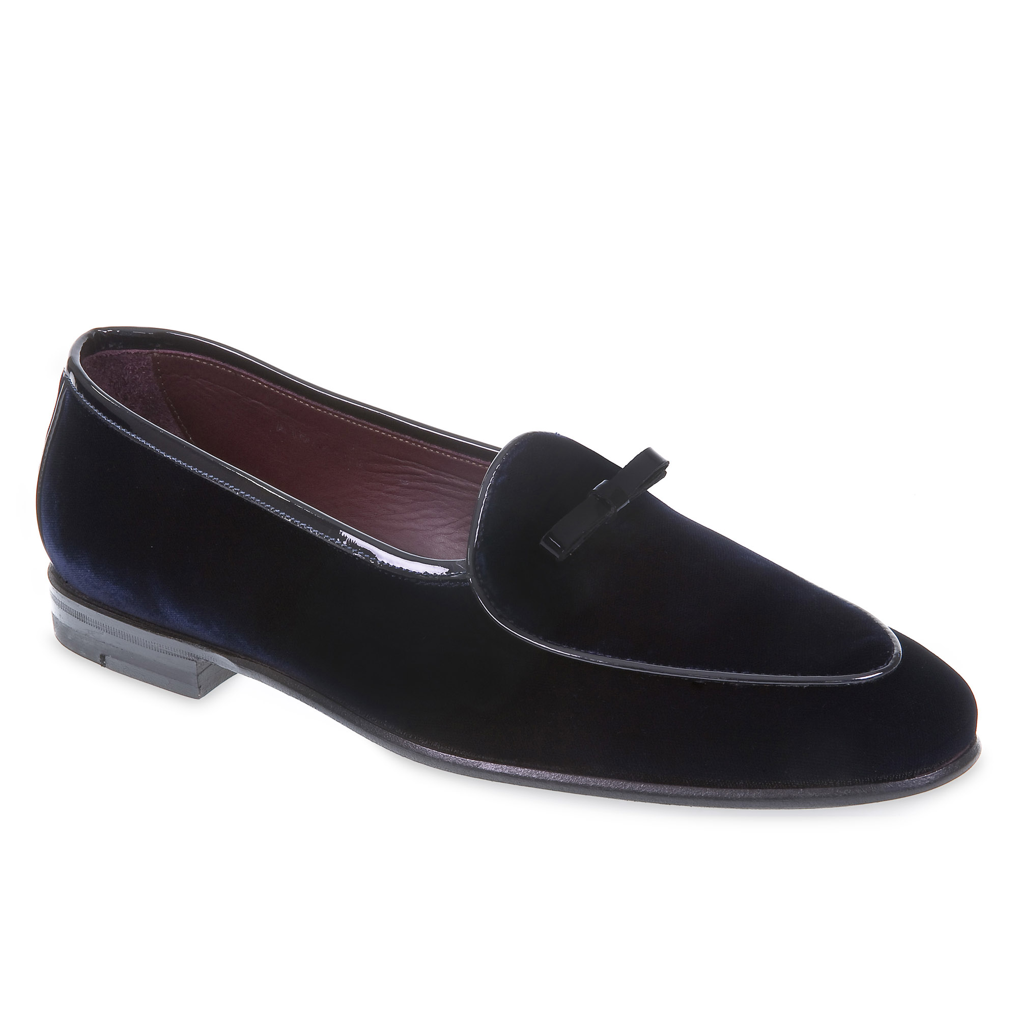 Belgian loafer in dark blue velvet and patent leather handmade by Fratelli Borgioli