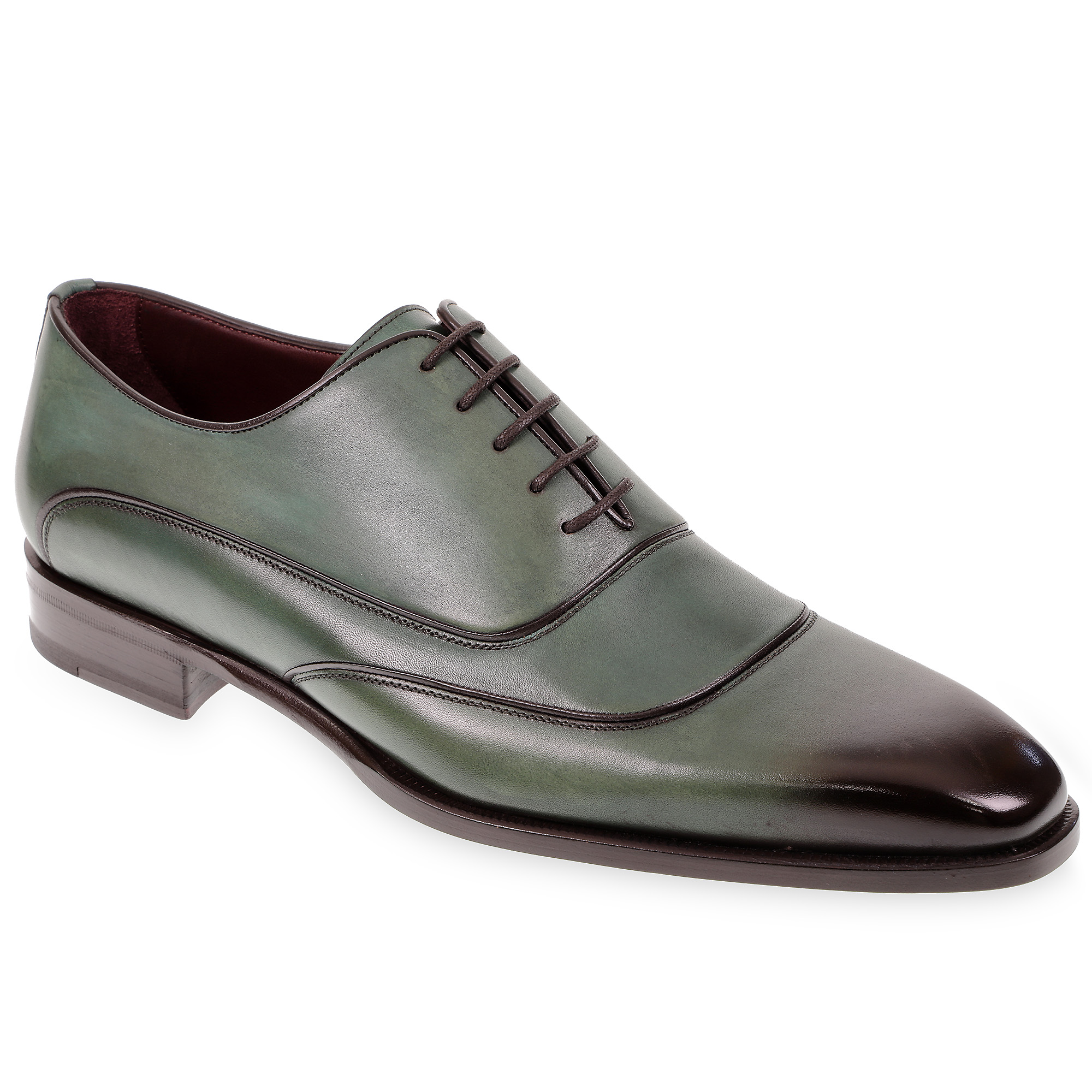 Zapatos oxford para hombre en piel verde teñida a mano de Fratelli Borgioli