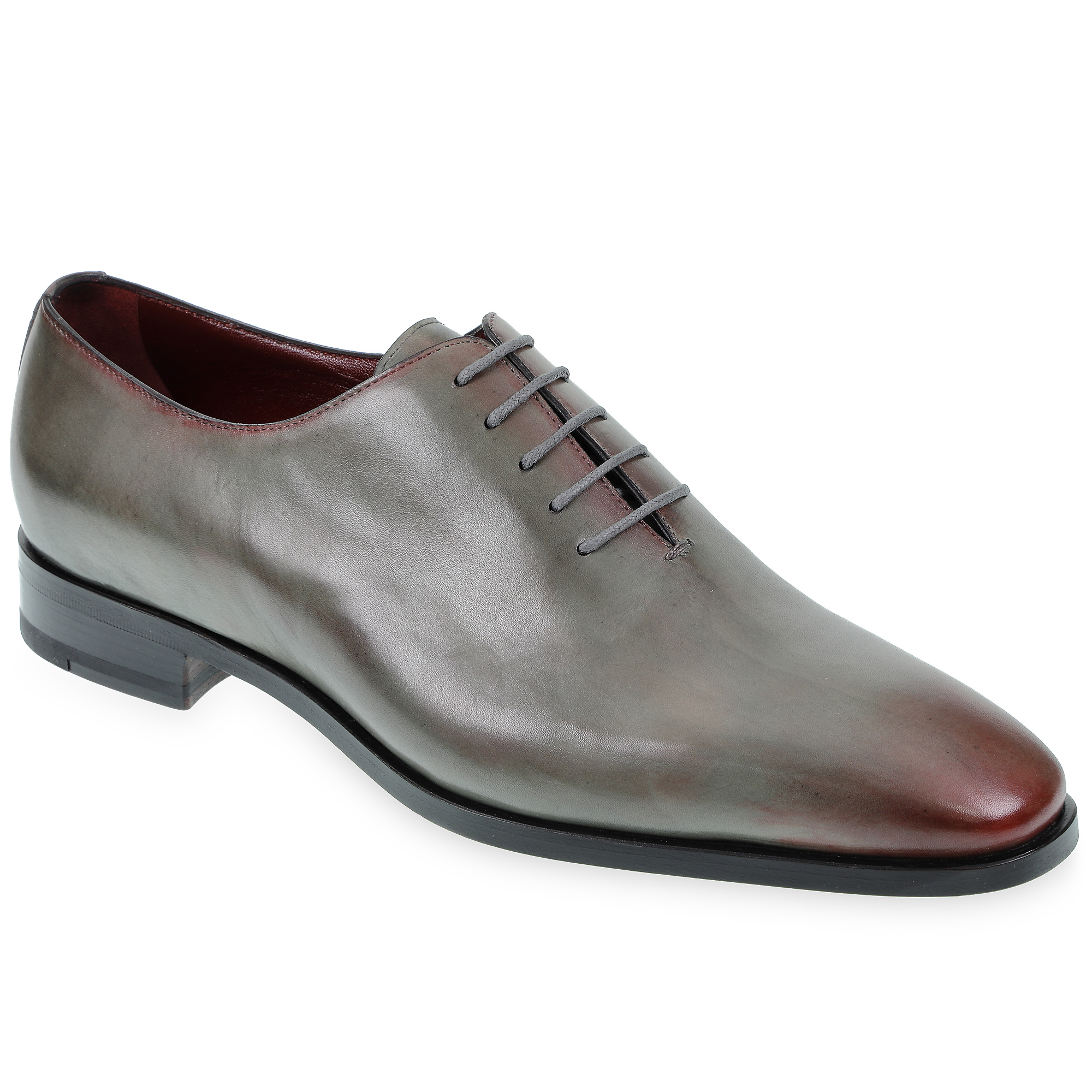 Men's Oxford wholecuts shoes in hand-dyed gray leather with burgundy shades