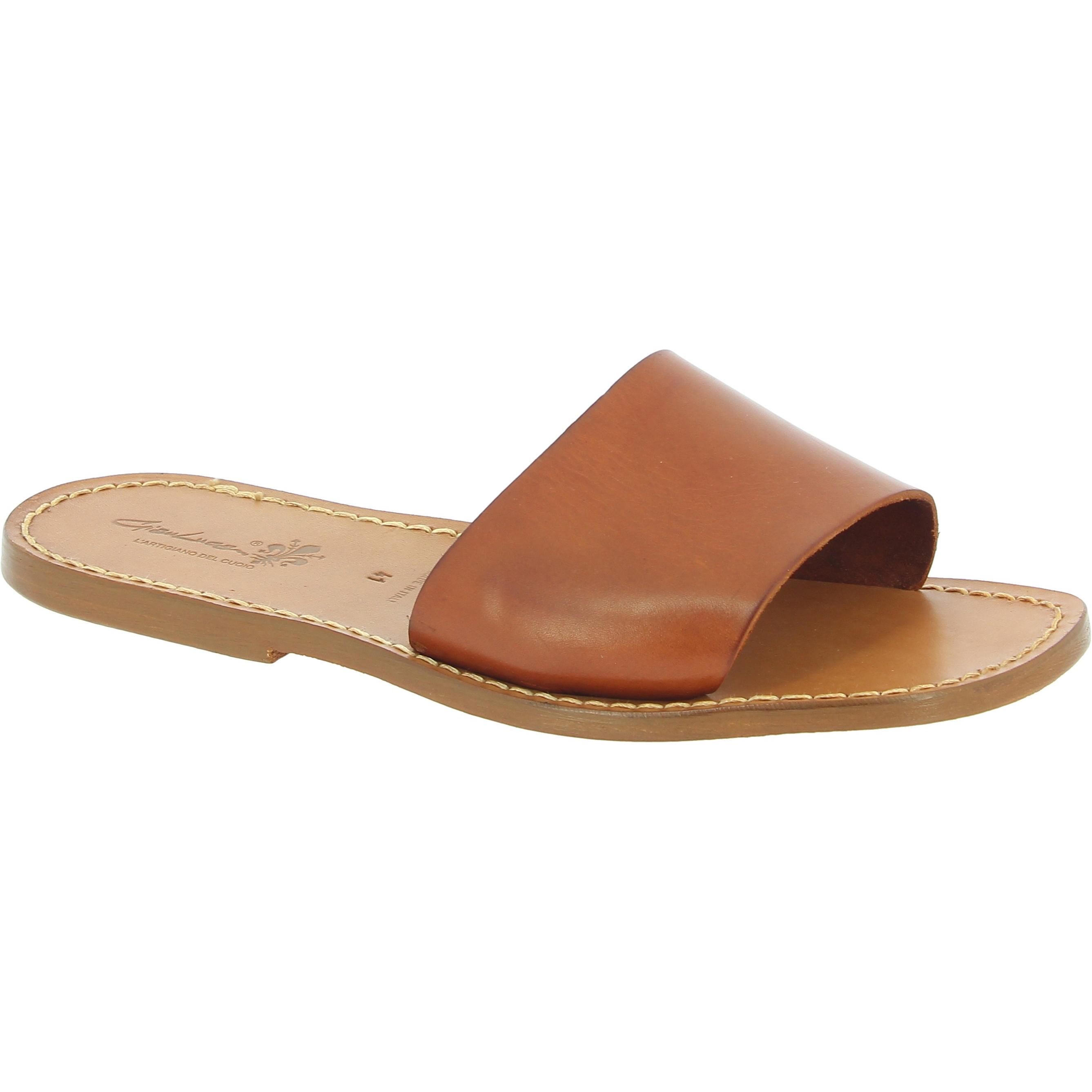 Men's leather slides sandals in tan leather handmade