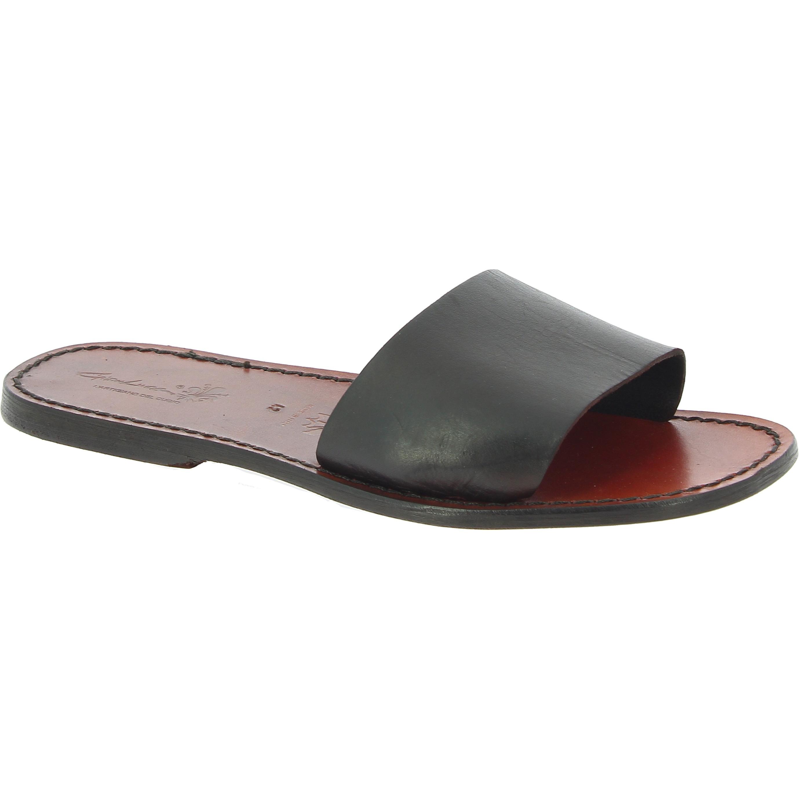 Men's leather slides sandals in dark brown leather handmade