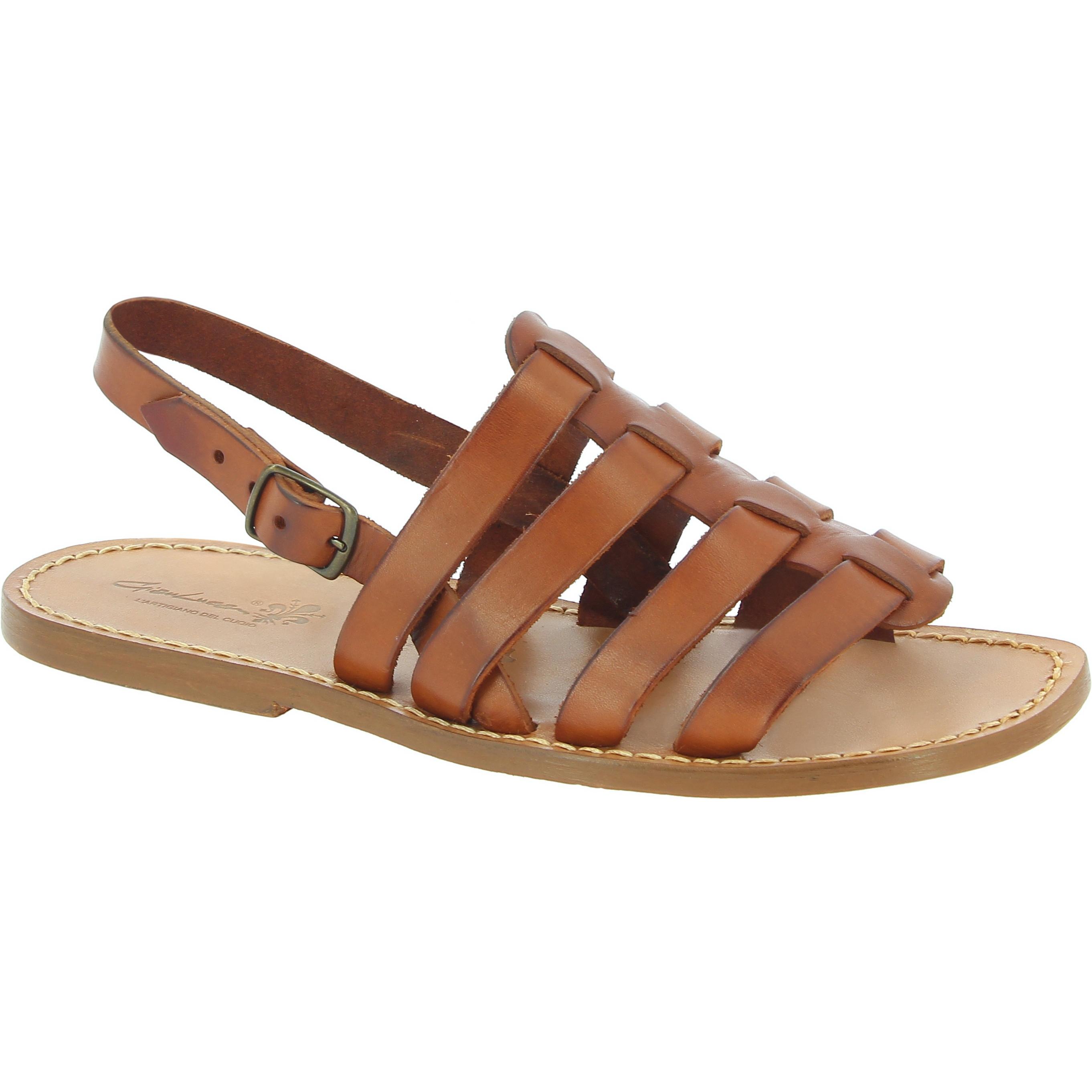 Leather cage sandals for men in tan color leather