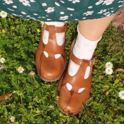 Women's brown leather low top t-strap shoes handmade in Italy